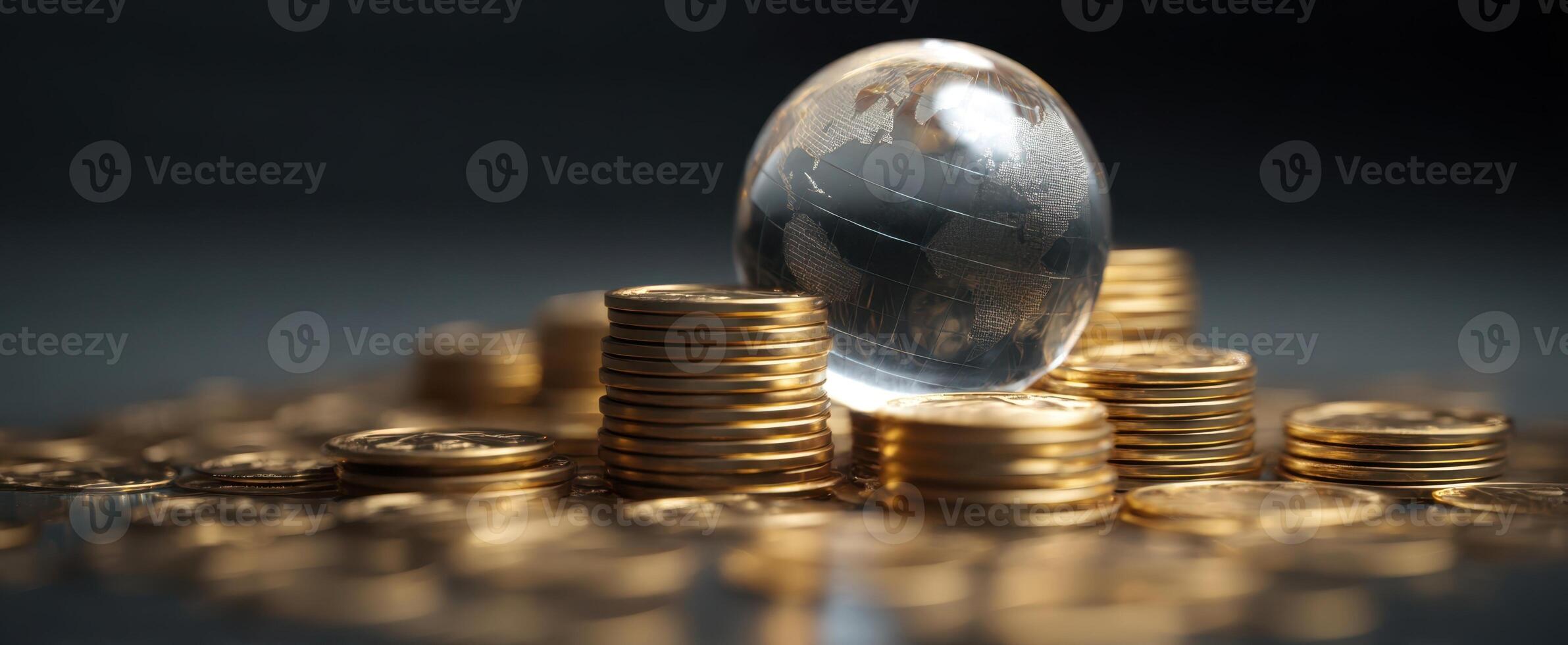 The globe resting atop a pile of golden coins representing global wealth. photo