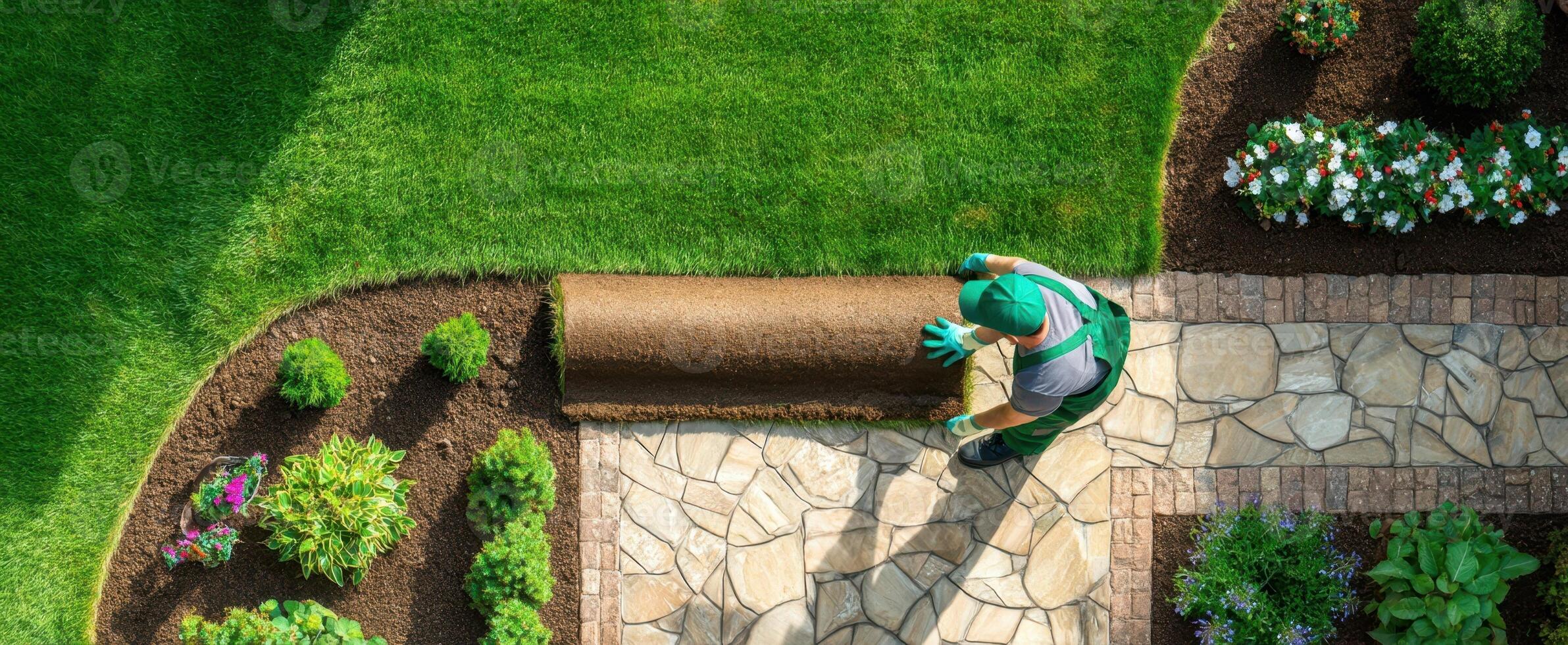 The landscaper installing fresh sod in a well-maintained garden. photo