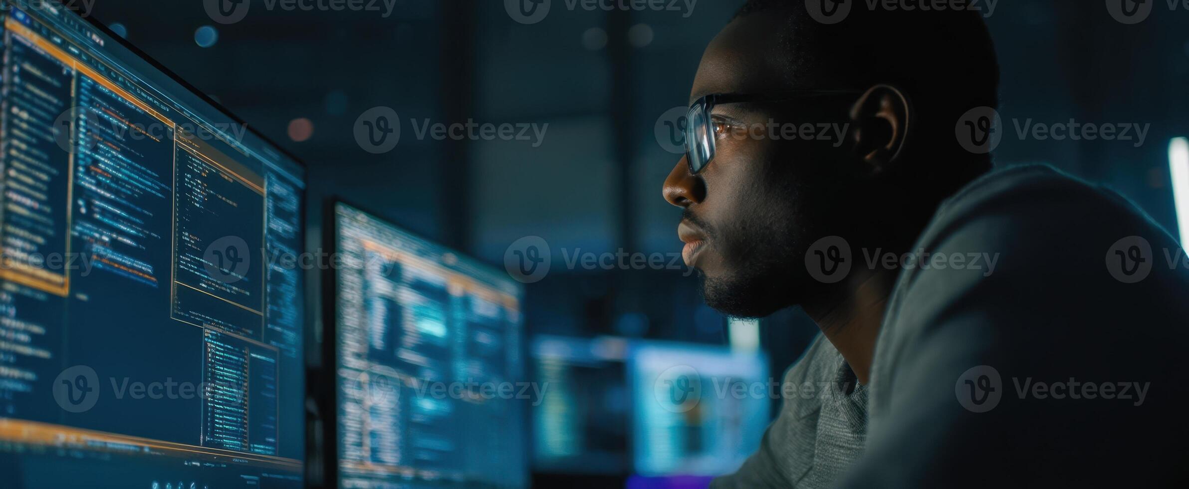 The focused man working on advanced technology at night with multiple monitors. photo