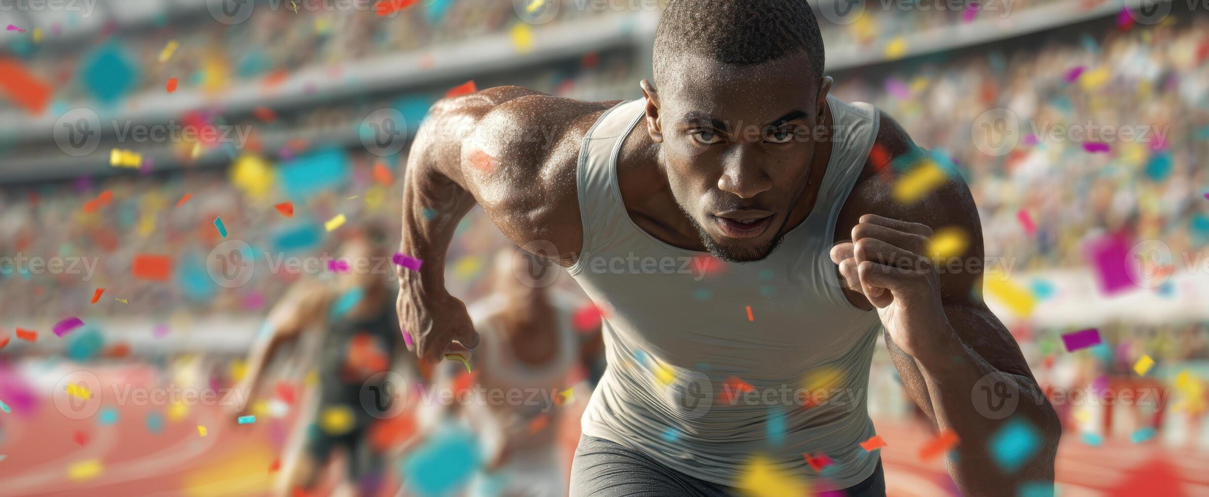 The athlete sprints towards victory amidst colorful confetti and cheering crowds. photo