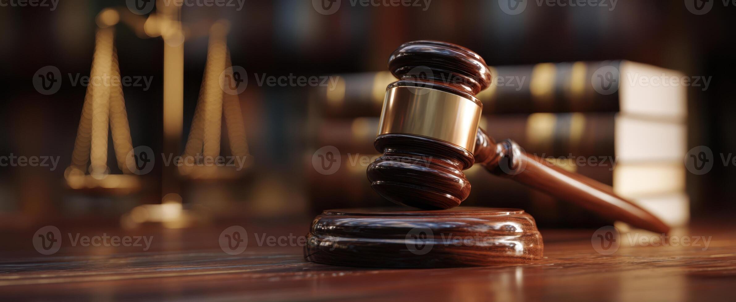 The gavel symbolizing justice in a courtroom setting with law books. photo
