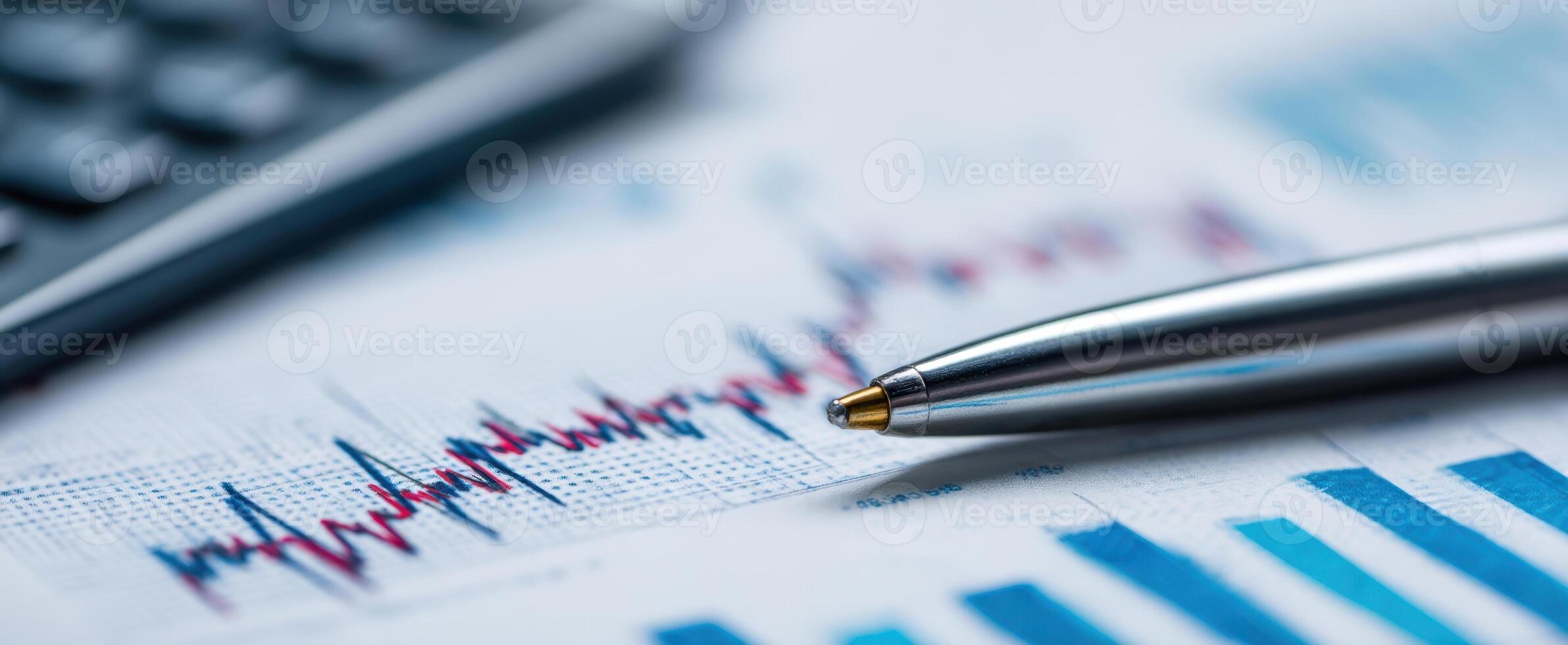 The pen lying on a financial report with graphs and data analysis. photo
