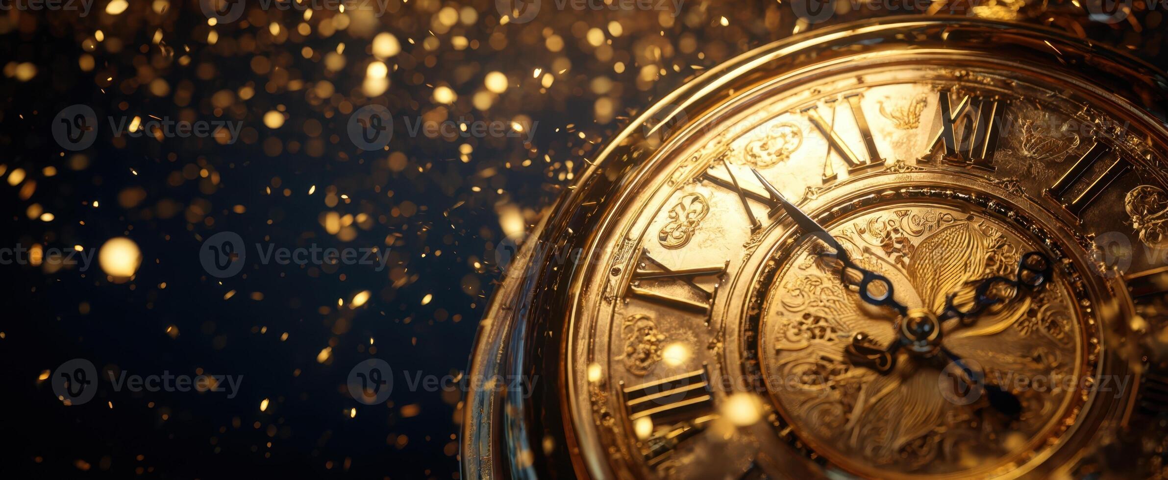 The vintage gold clock surrounded by dazzling sparkles and light. photo