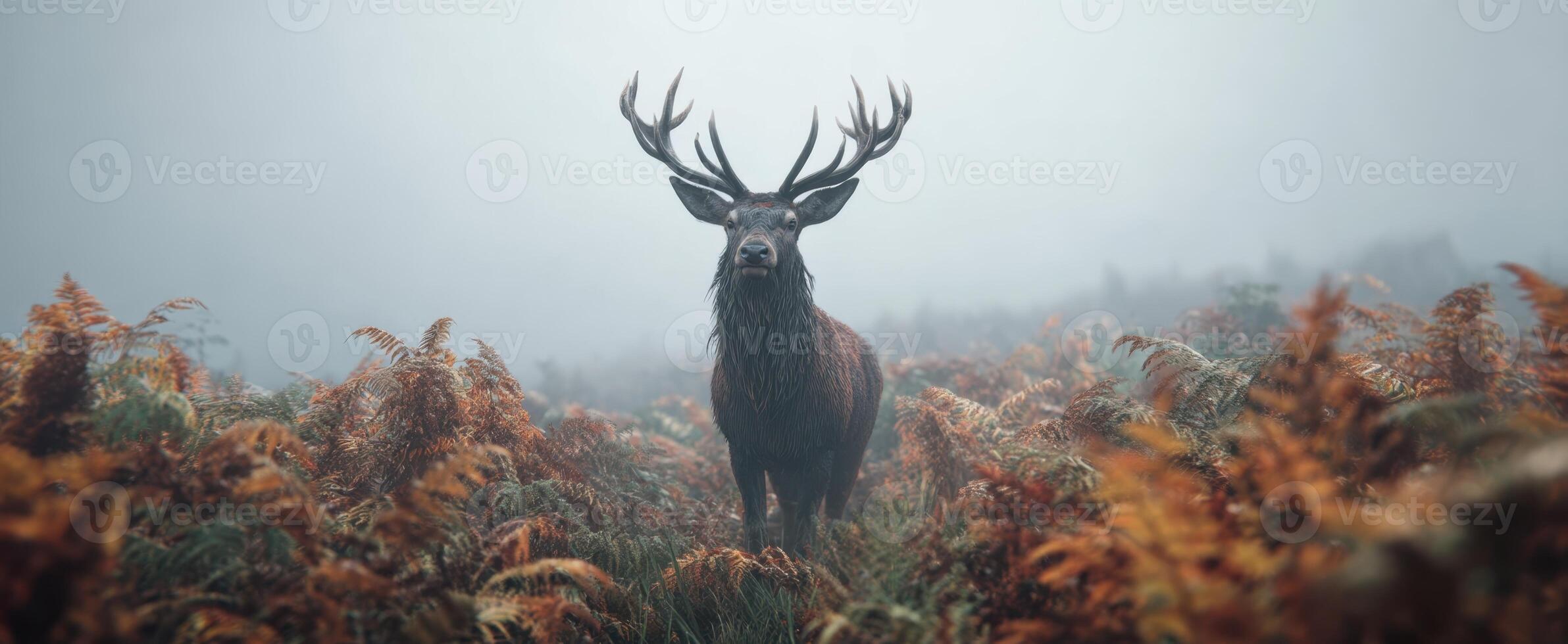 The majestic deer standing proudly in a foggy autumn forest. photo