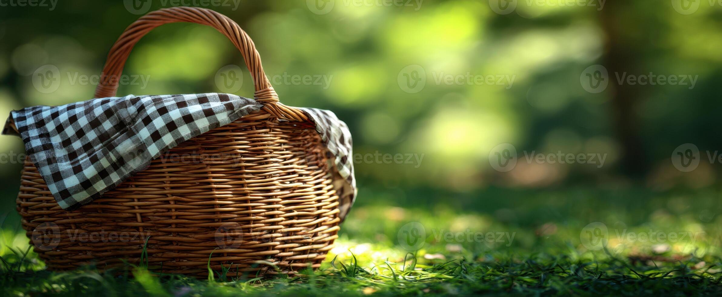 The wicker picnic basket resting on soft green grass in a sunlit setting. photo