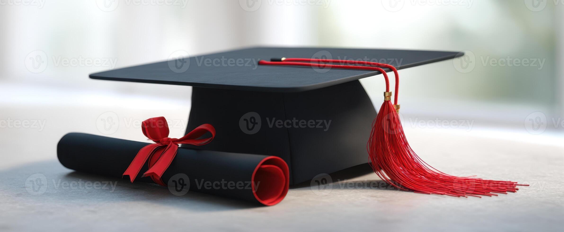 Graduation cap and diploma on a table photo