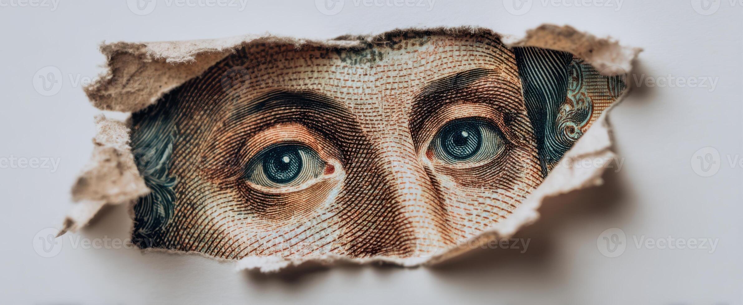 The eyes of a currency peeking through a torn paper background. photo