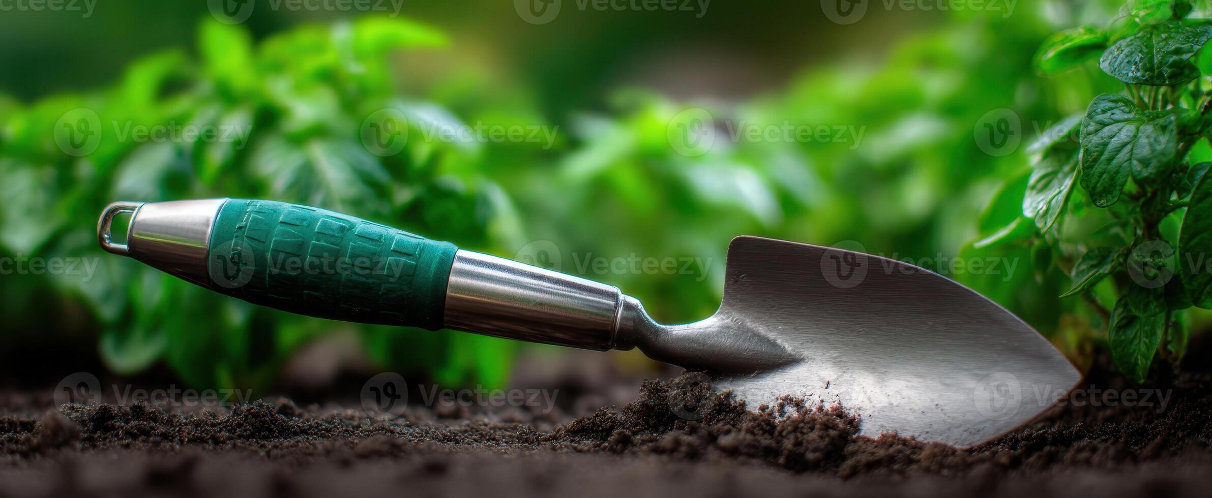 The shovel resting on fresh soil amidst thriving green plants in a garden. photo