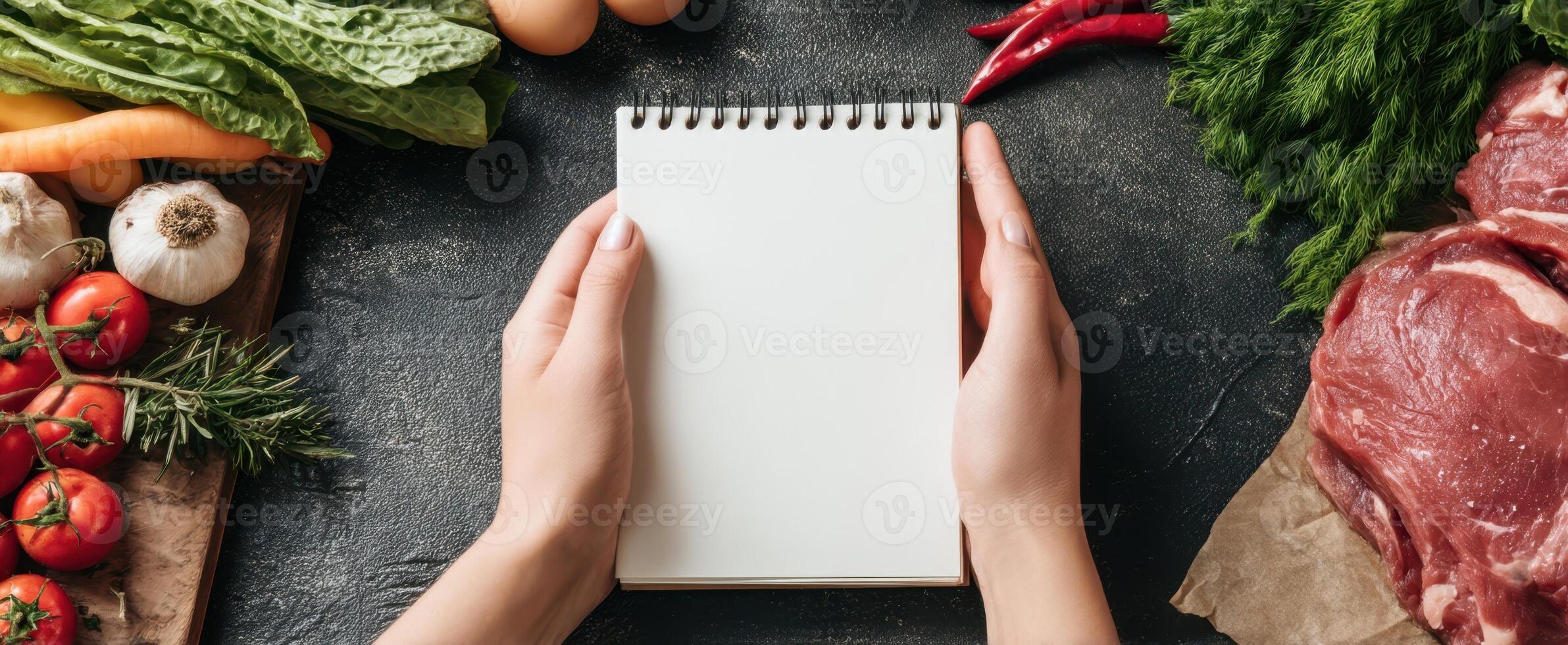 The Hands Holding a Blank Notepad Surrounded by Fresh Ingredients for Cooking photo