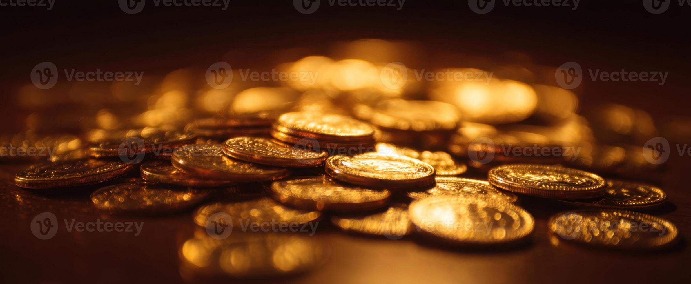 The shimmering gold coins stacked in artistic arrangement across a rich surface. photo