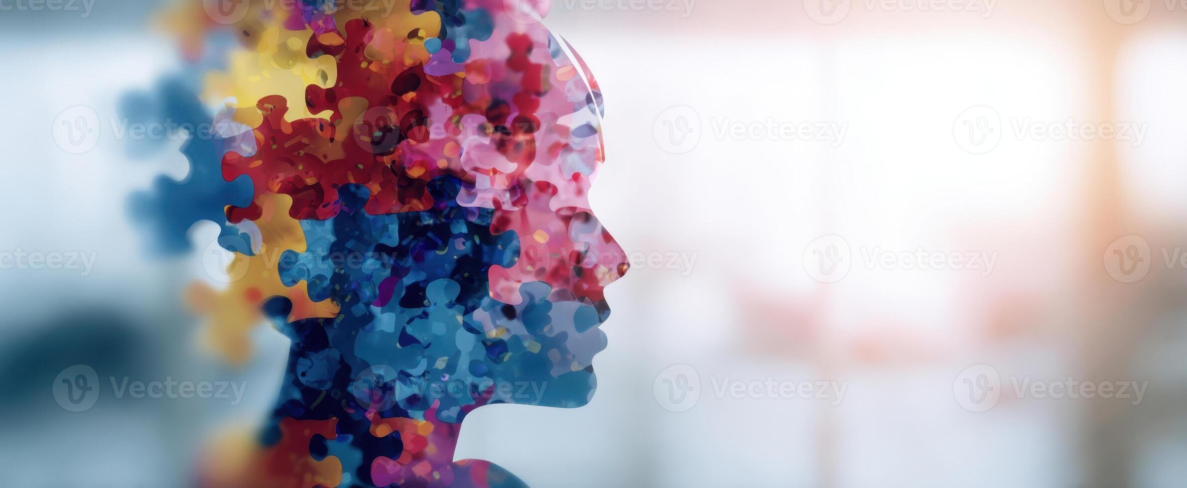 The colorful puzzle silhouette representing creativity and mental exploration. photo