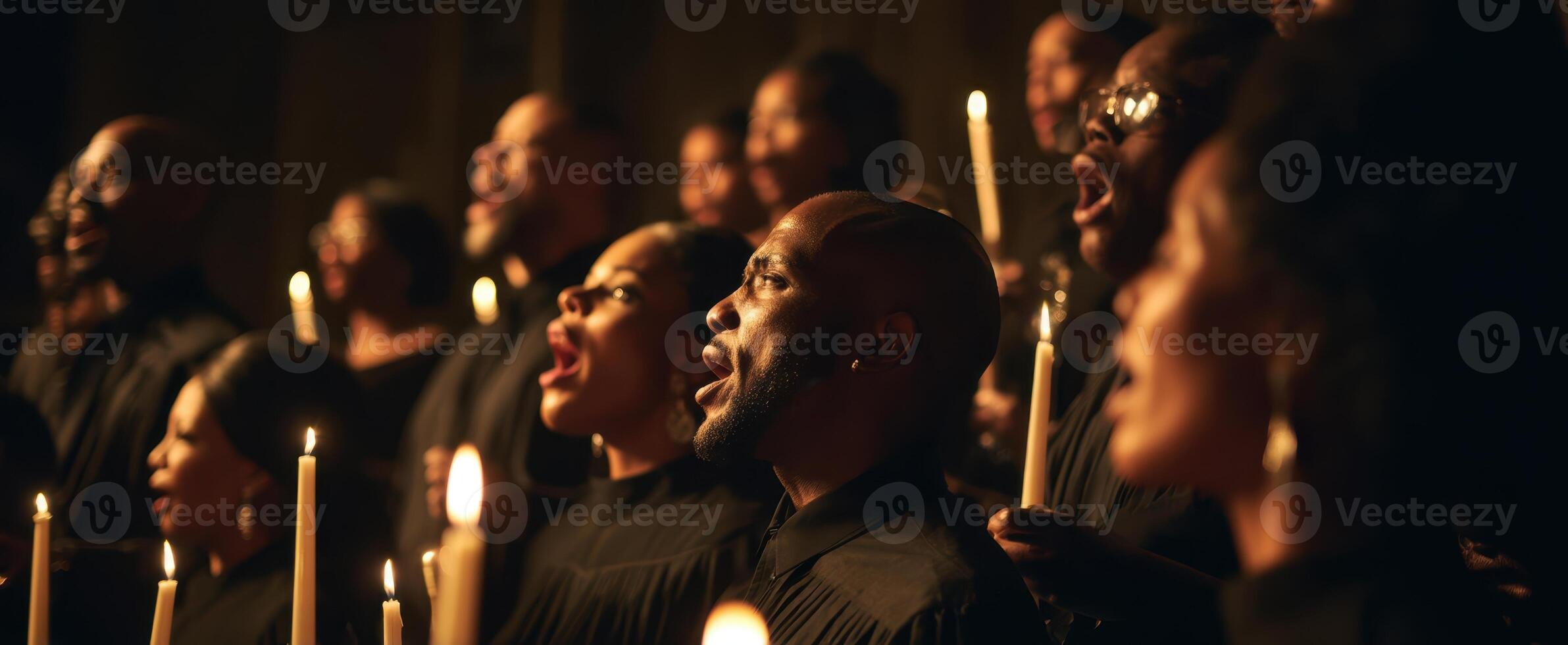 The powerful choir singing in harmony with glowing candles at night. photo