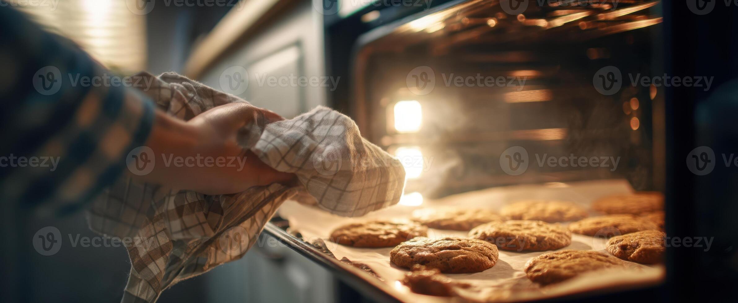 The joyful moment of pulling freshly baked cookies from the oven. photo