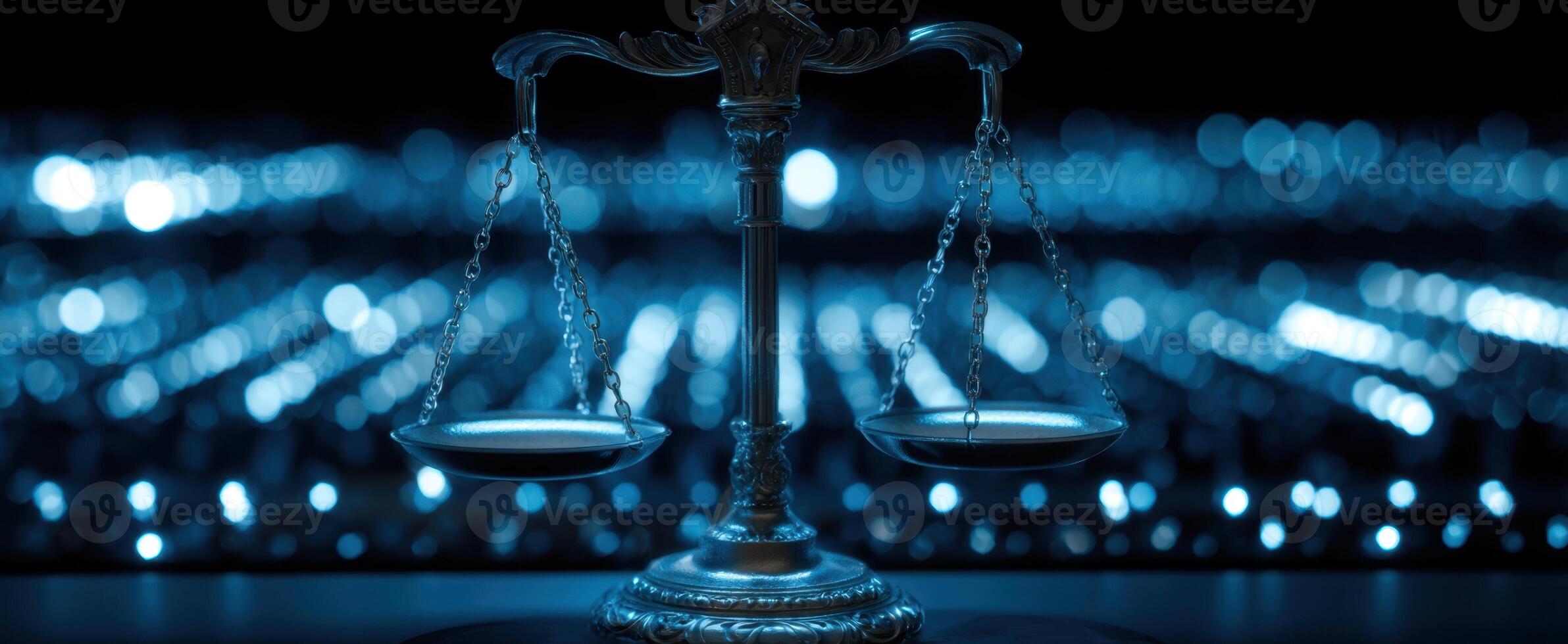 The elegant scales of justice illuminated against a dramatic blue backdrop. photo