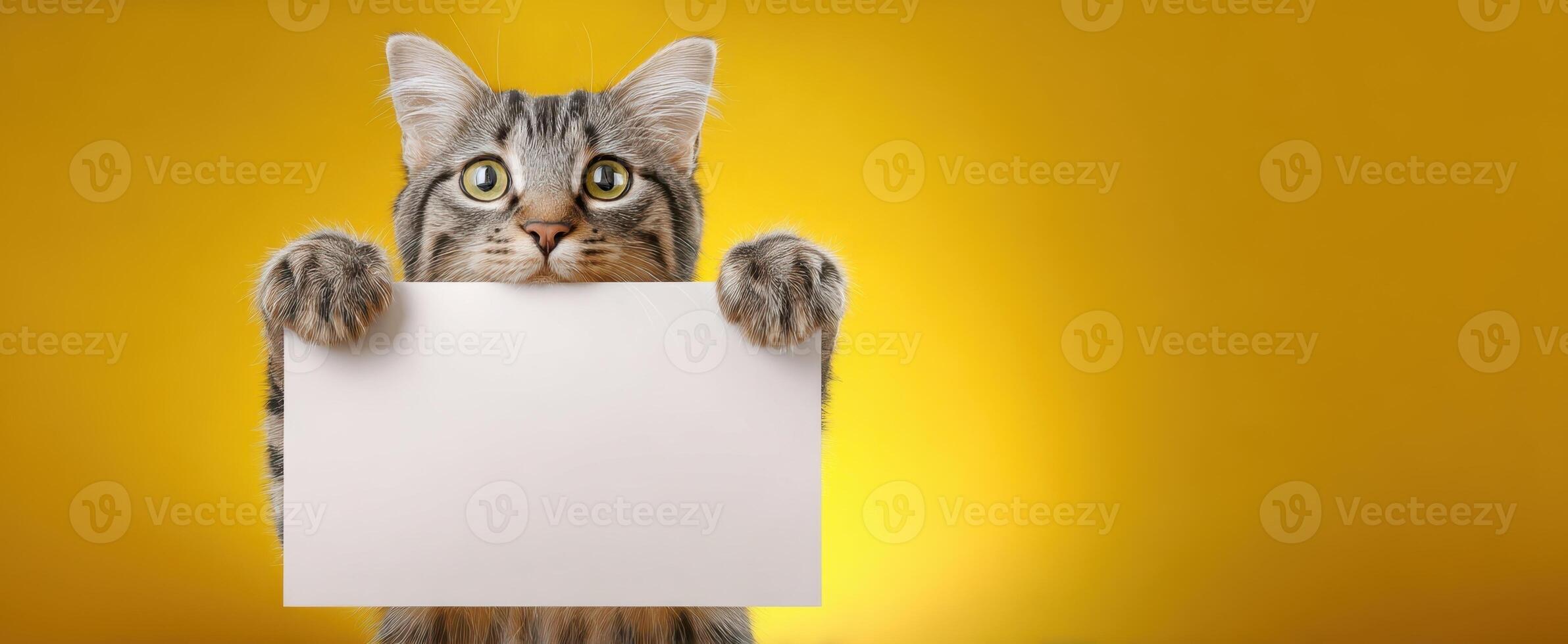The adorable cat holding a blank sign against a vibrant yellow background. photo