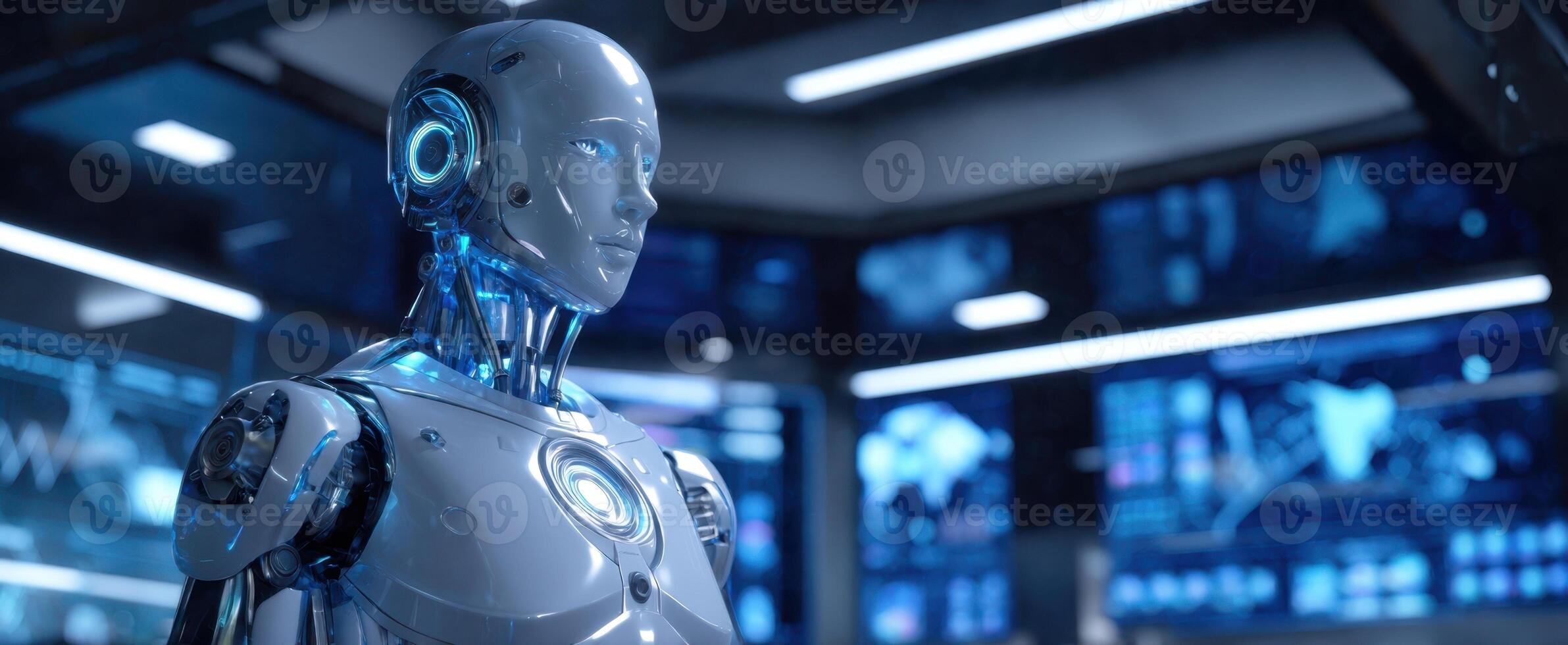The advanced humanoid robot in a futuristic technology laboratory setting. photo