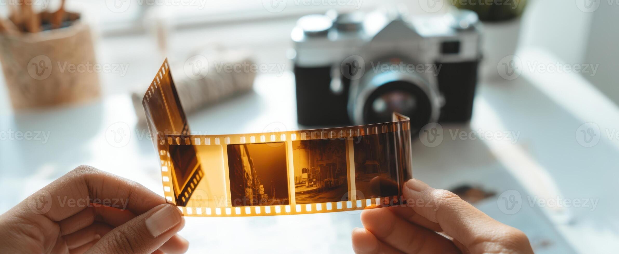 The hands holding a film strip with a vintage camera in the background. photo