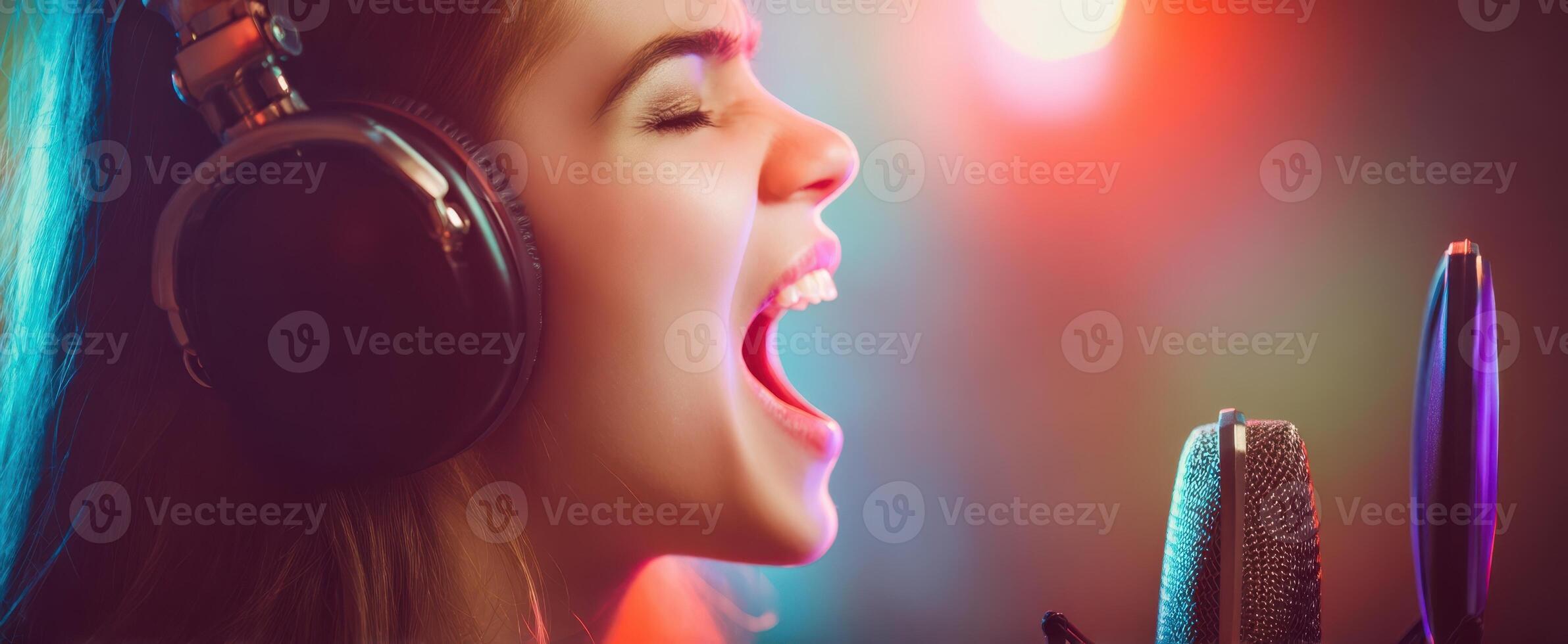 The passionate singer belting out notes in a colorful music studio. photo