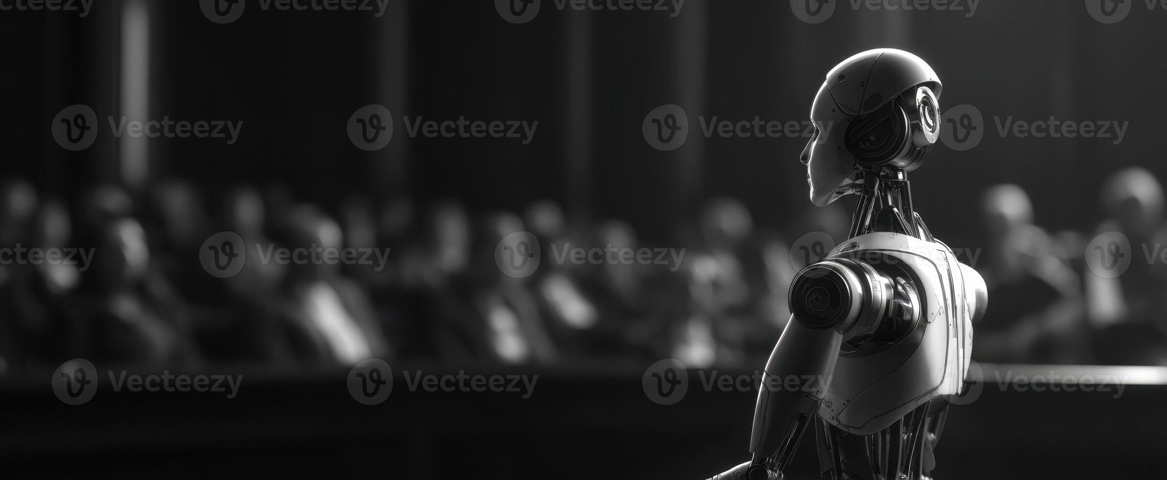 The robot presenting to an audience on artificial intelligence ethics and innovation. photo