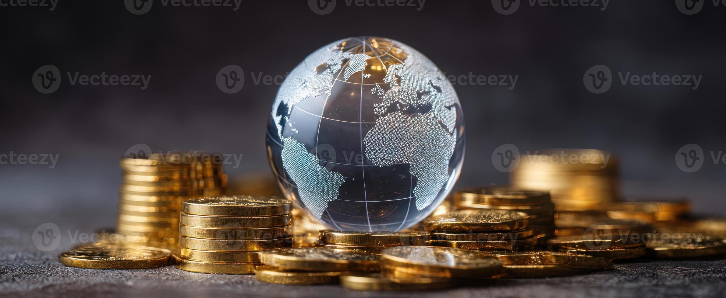 The globe surrounded by shining gold coins reflecting financial prosperity and growth. photo