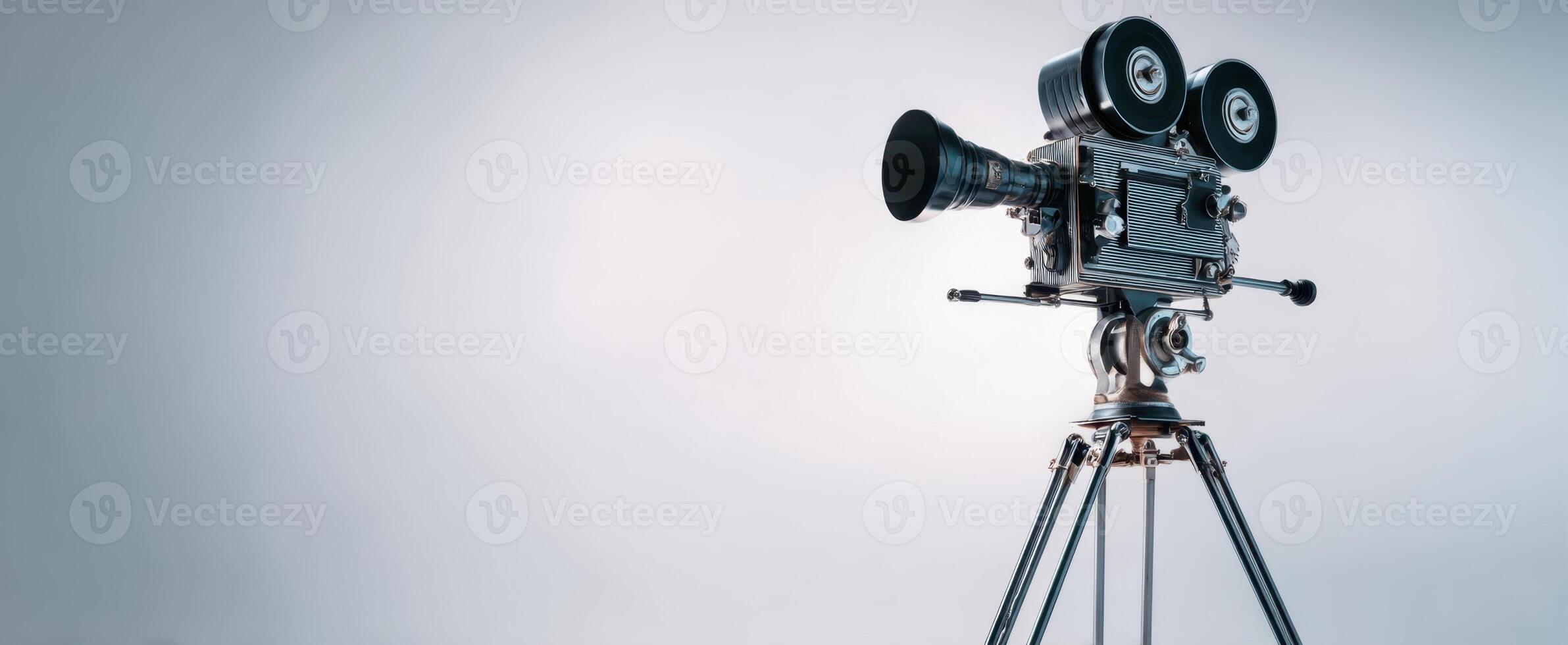 The vintage film camera standing tall on a tripod in a studio setting. photo