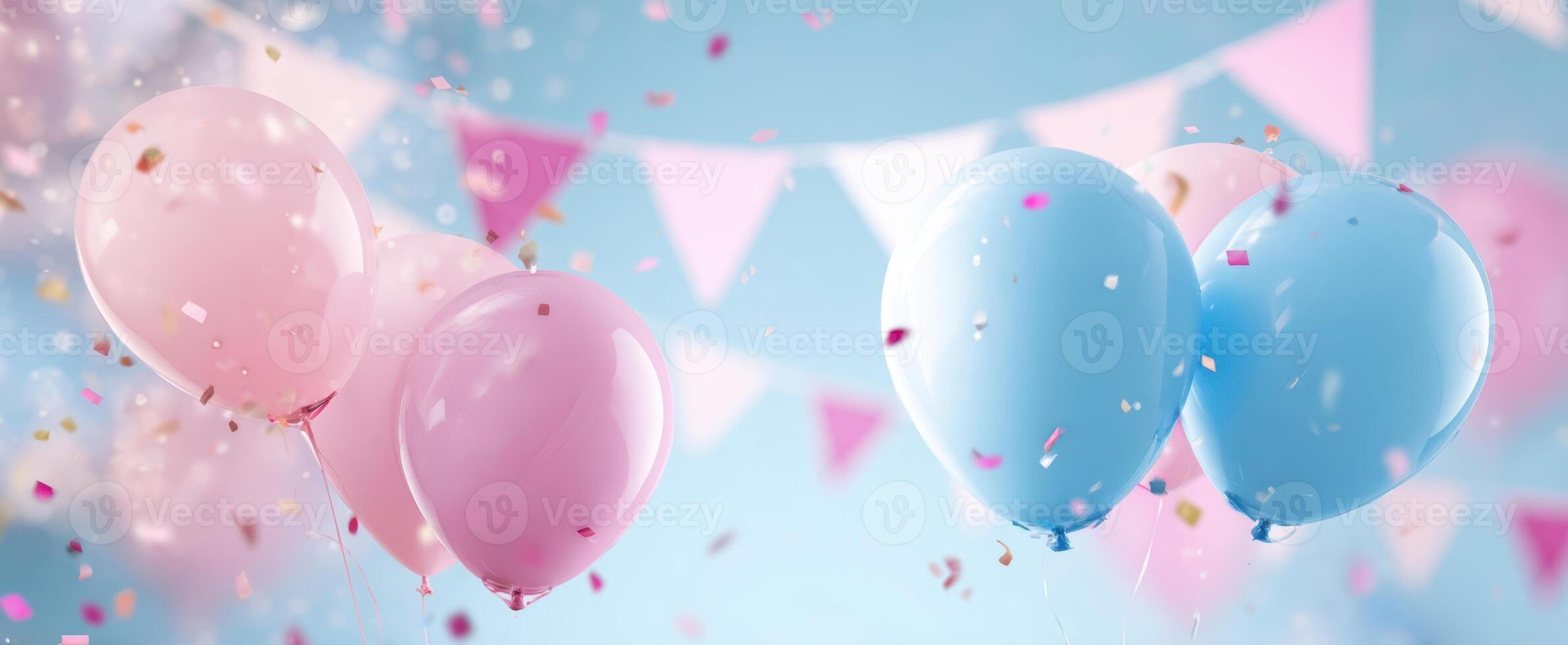 The colorful balloons floating in a joyful celebration atmosphere with confetti. photo