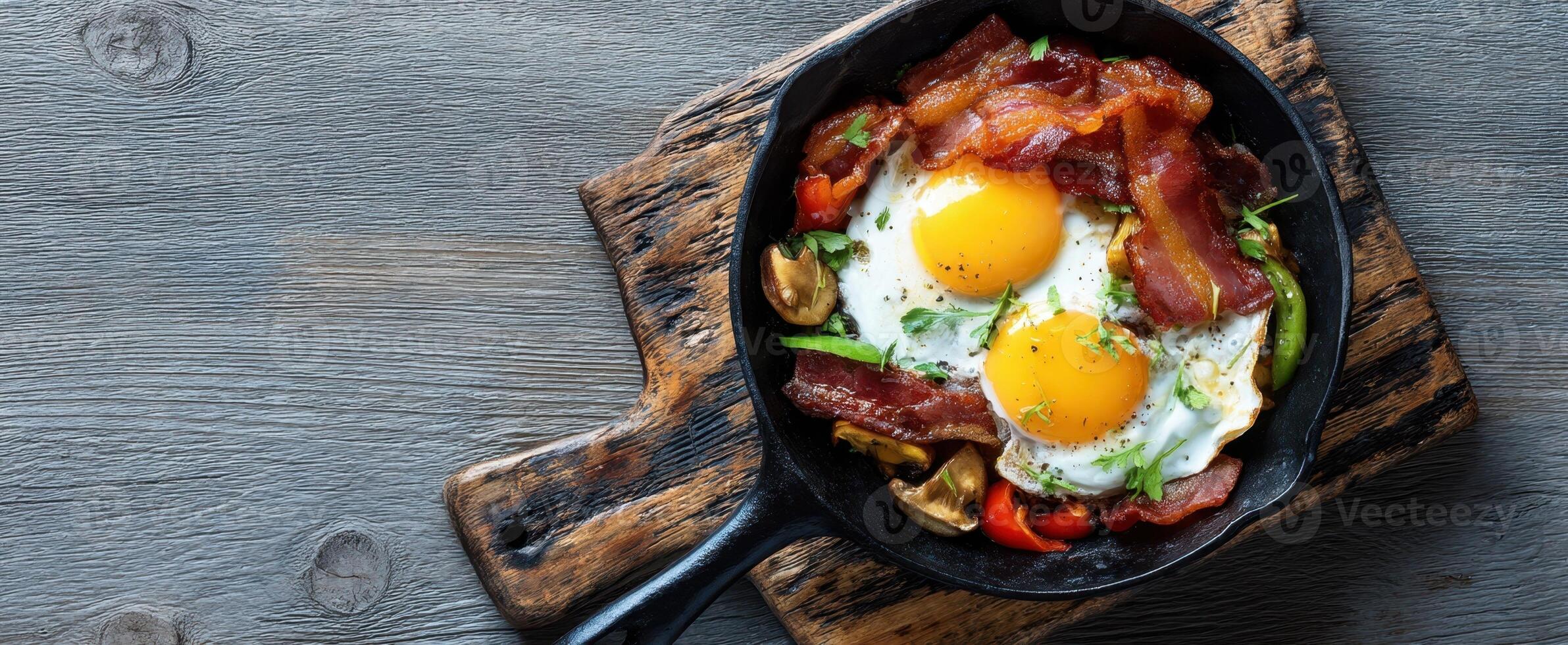 The delicious skillet of fried eggs and crispy bacon served for breakfast. photo
