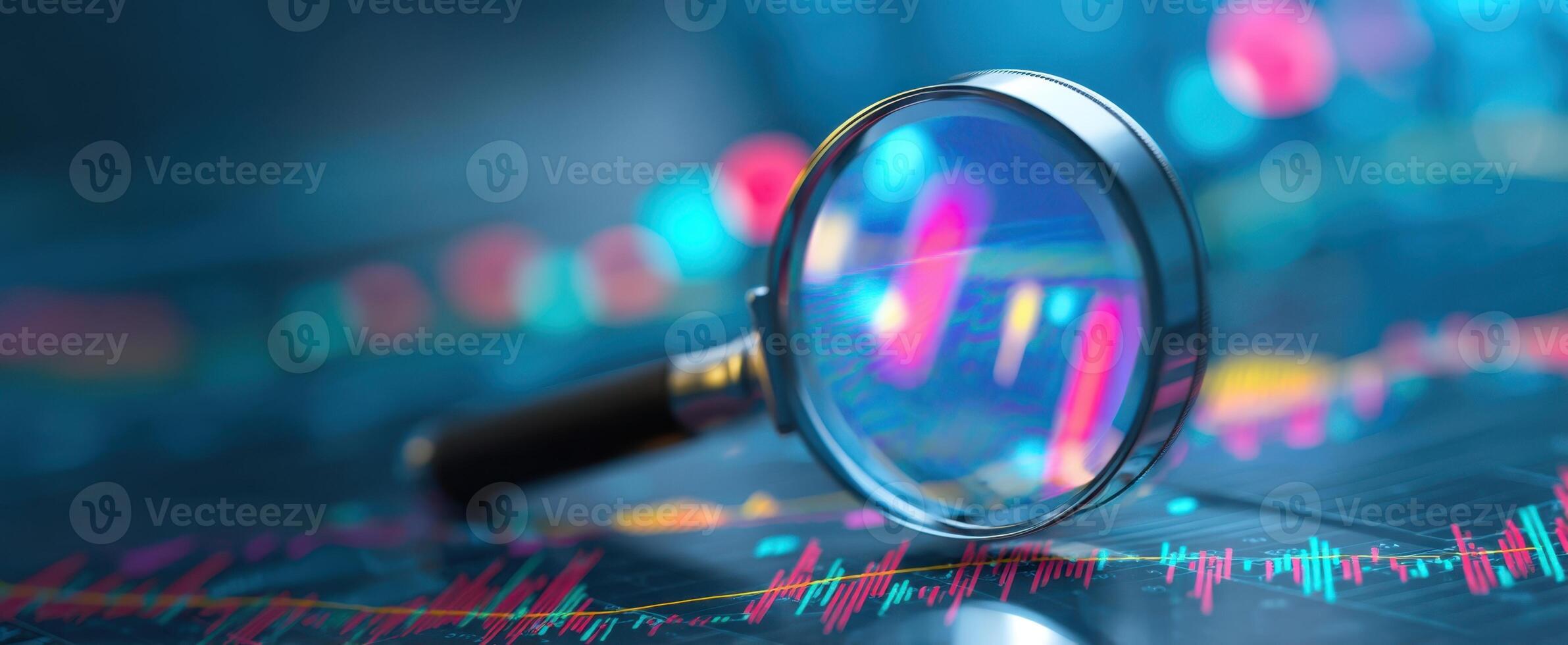 The magnifying glass focusing on vibrant financial data and analytics. photo