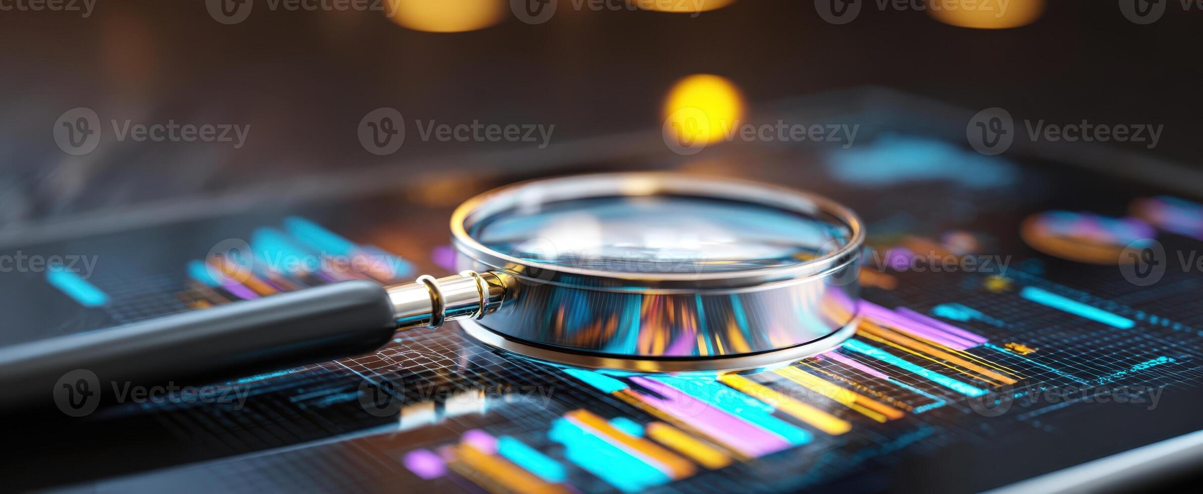 The magnifying glass examining data and analytics on a digital tablet screen. photo