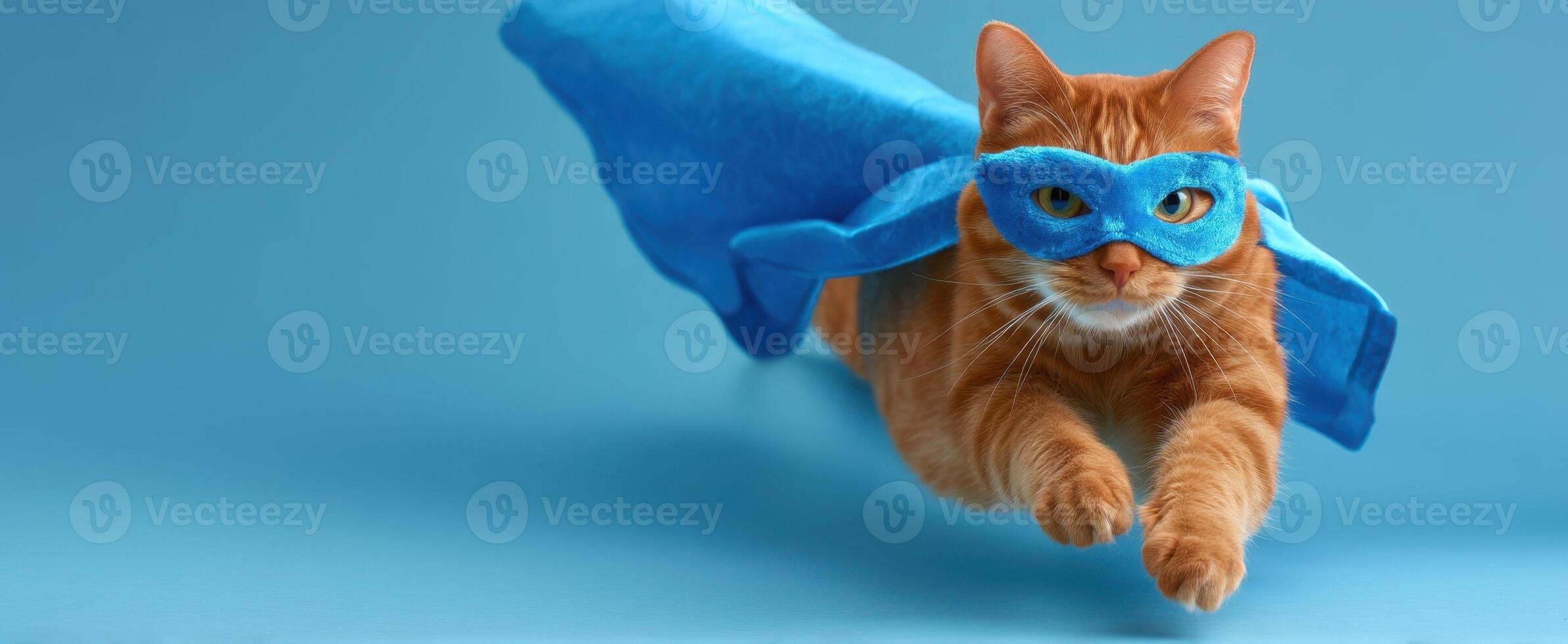 The superhero cat soaring through a vibrant blue backdrop with a playful spirit. photo