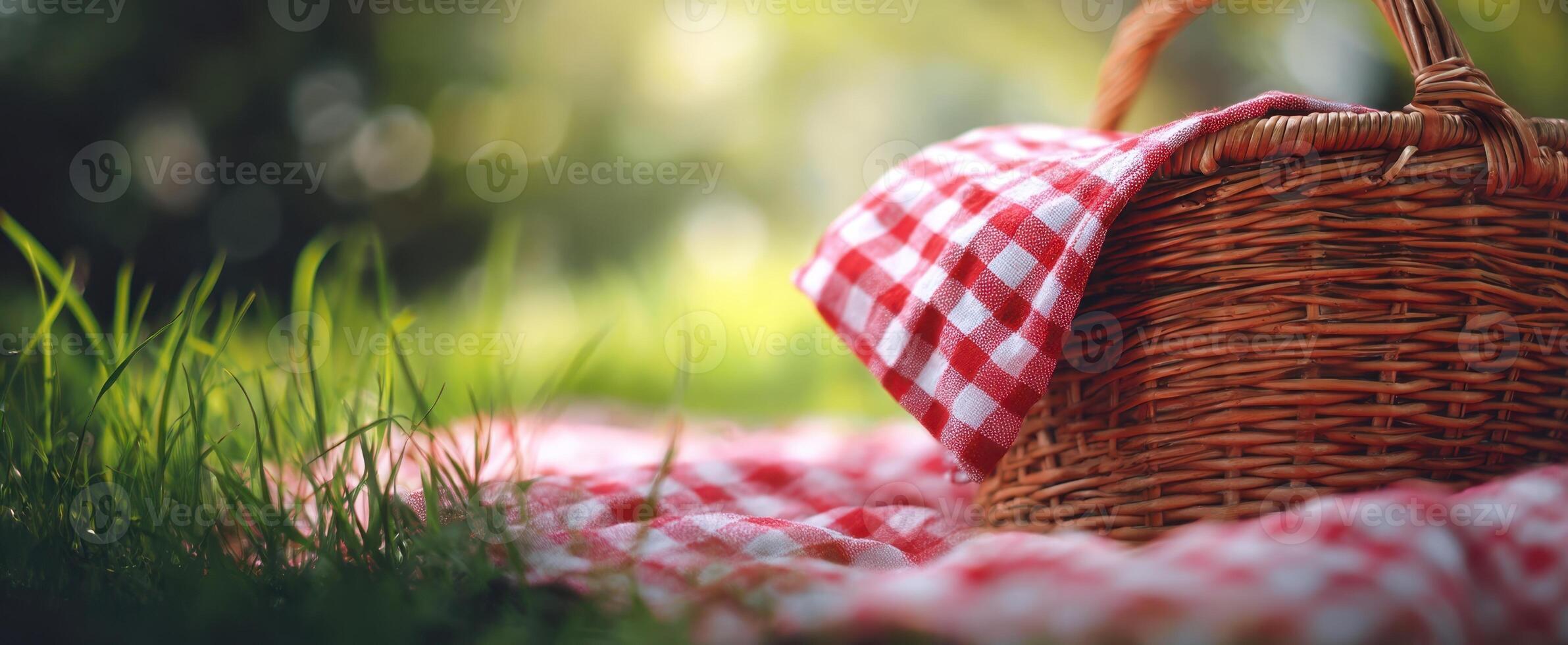 The inviting picnic basket resting on a checkered blanket in the sunlit grass. photo