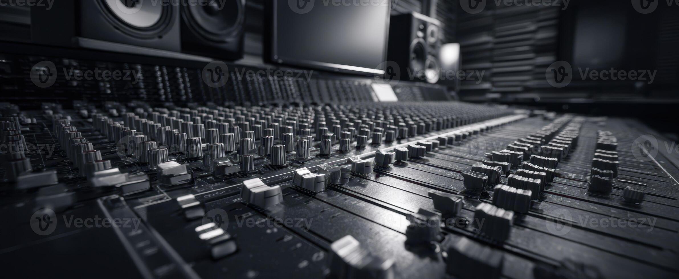 The sophisticated audio mixing console in a modern music studio environment. photo