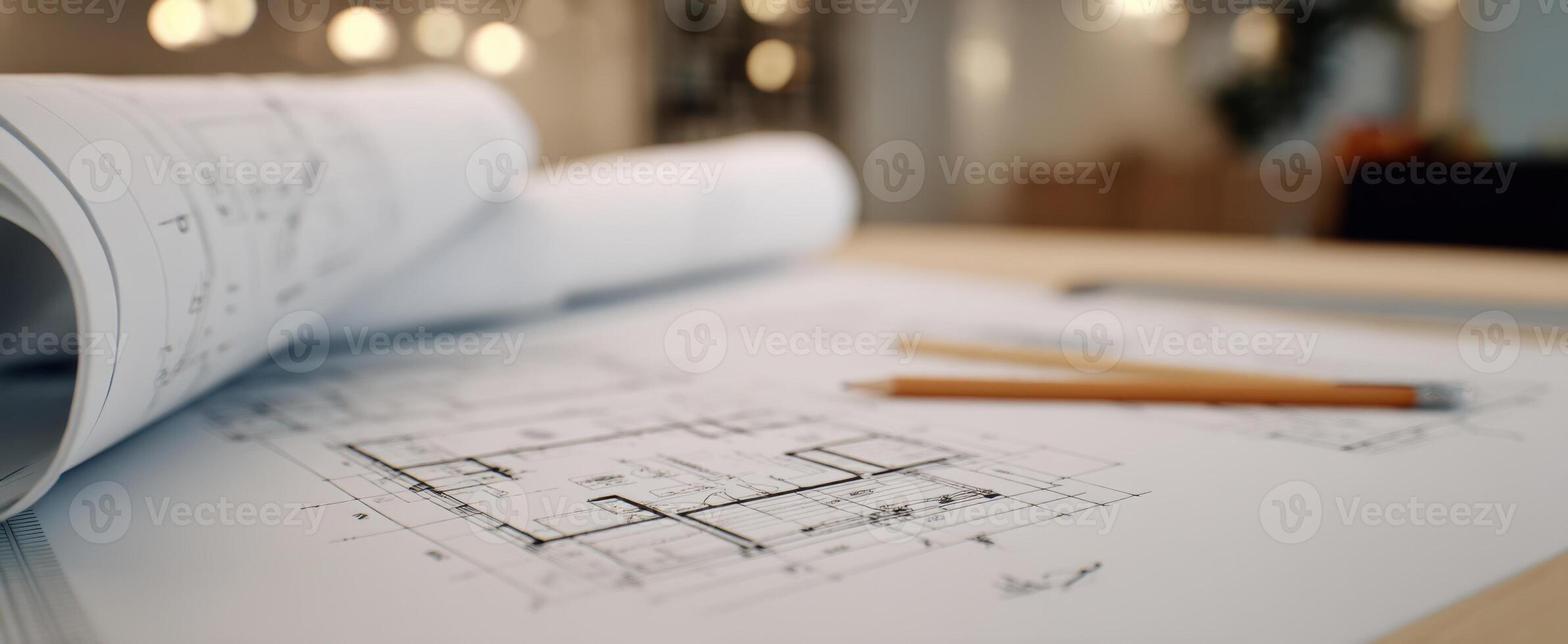 The architectural blueprint showcasing detailed design plans on a workspace. photo