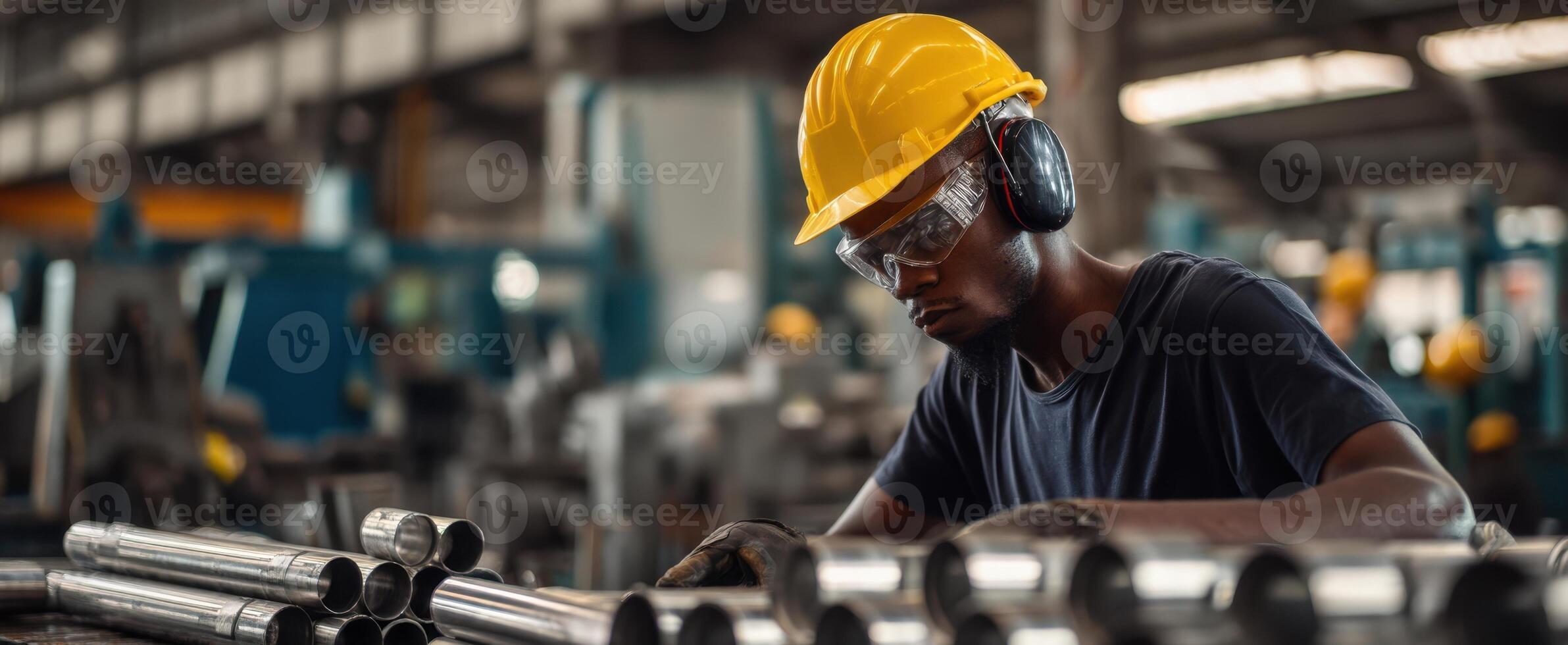 The hardworking engineer meticulously inspects metal pipes in a busy manufacturing facility. photo