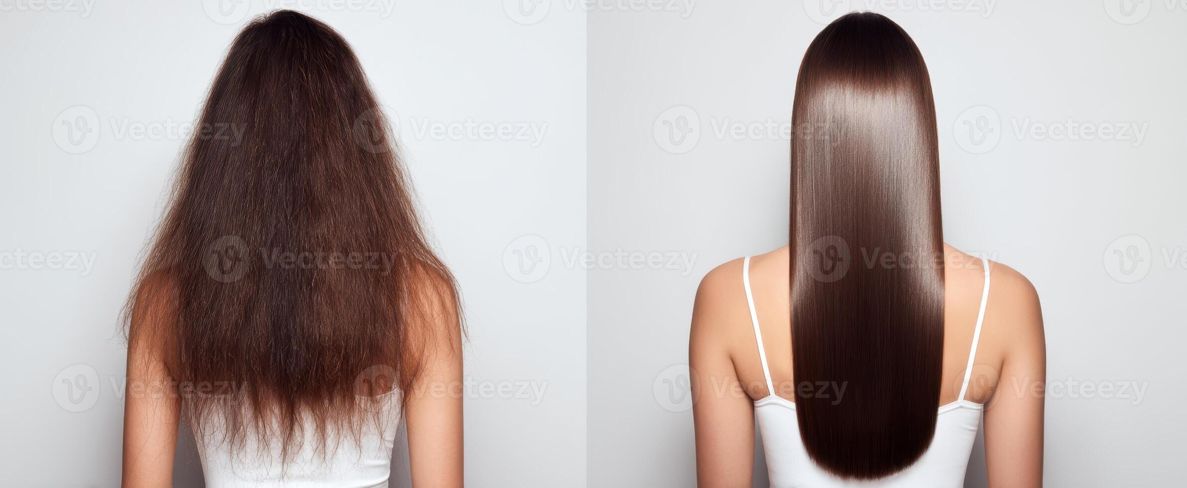 The transformation of hair from frizzy to sleek and shiny. photo