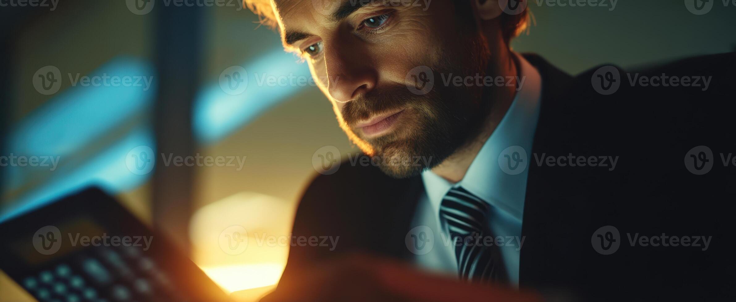 The businessman focused on calculations in a modern office environment. photo