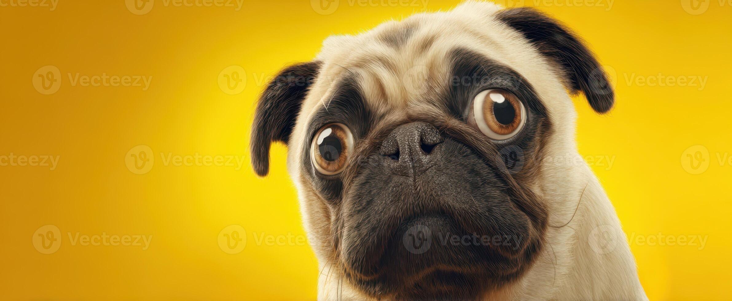 The adorable pug showcasing its charming expression against a vibrant yellow background. photo
