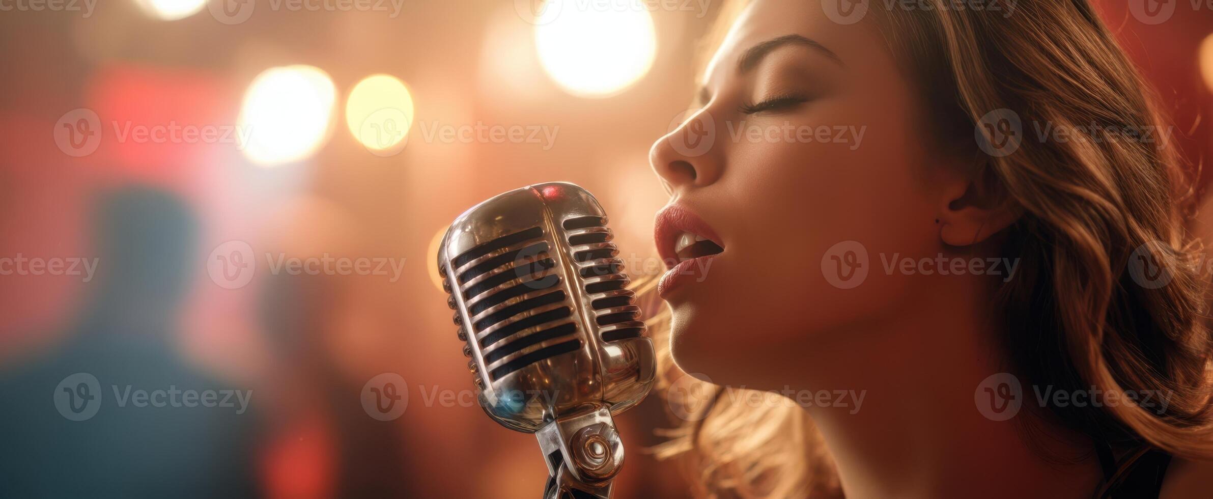 The singer captivating the audience with soulful melodies and vintage microphone. photo