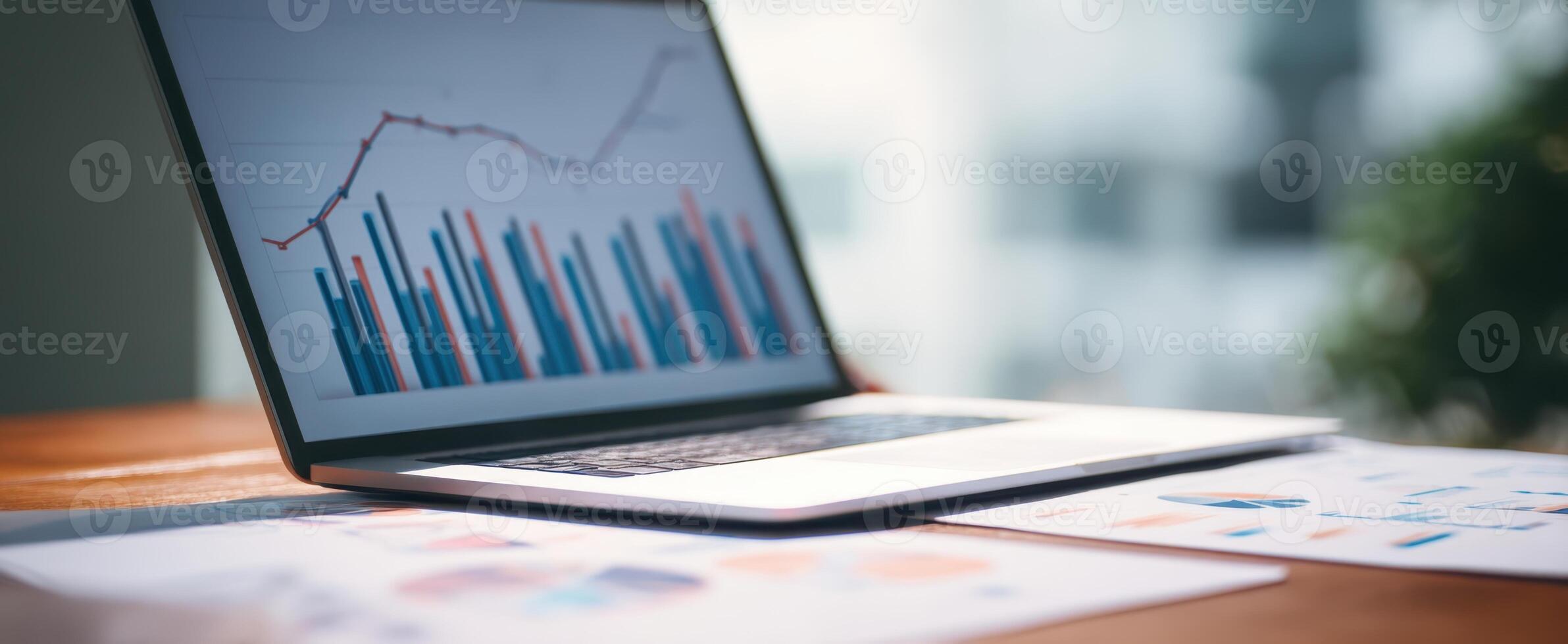 The laptop displaying colorful graphs for business analysis and reporting. photo