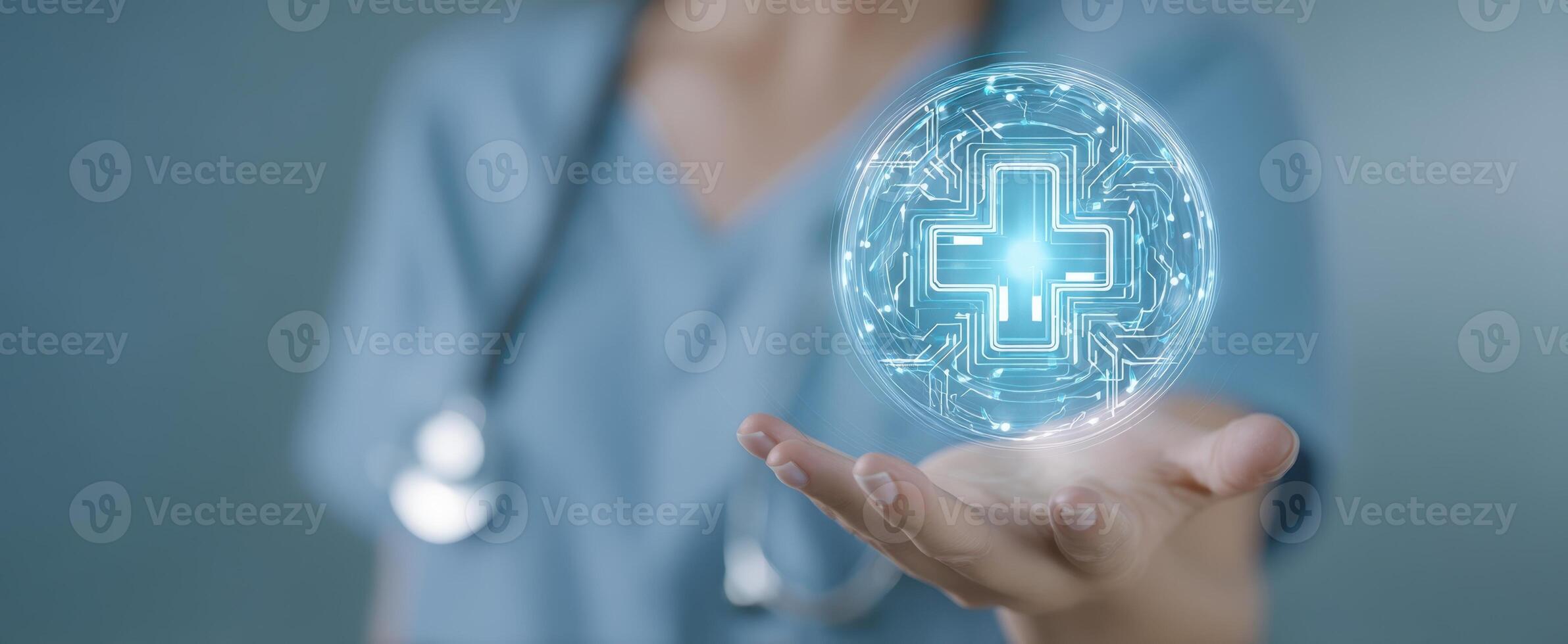The healthcare professional holding a holographic medical cross symbol. photo
