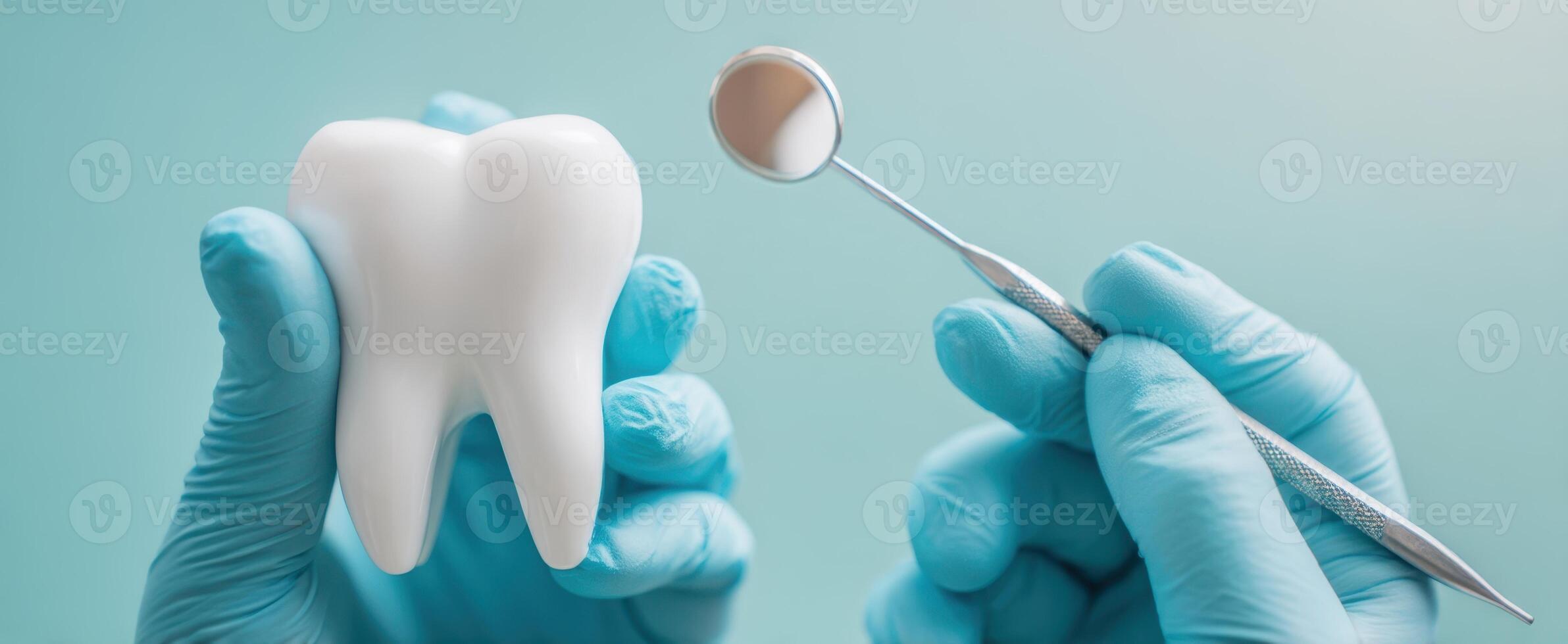 The dental examination featuring a pristine tooth model and instruments. photo