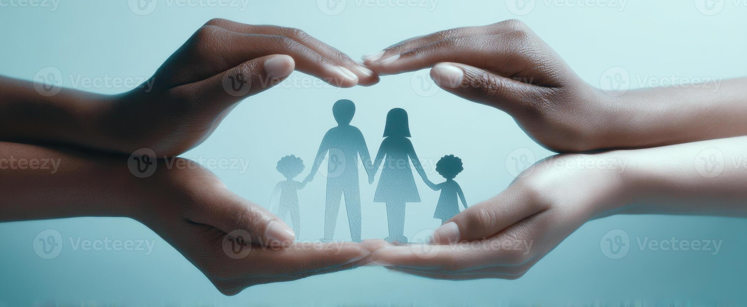 The hands of protection surrounding a diverse family silhouette in unity. photo