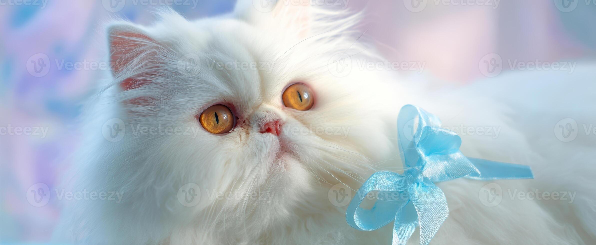 The adorable Persian cat with a blue bow in a serene setting. photo