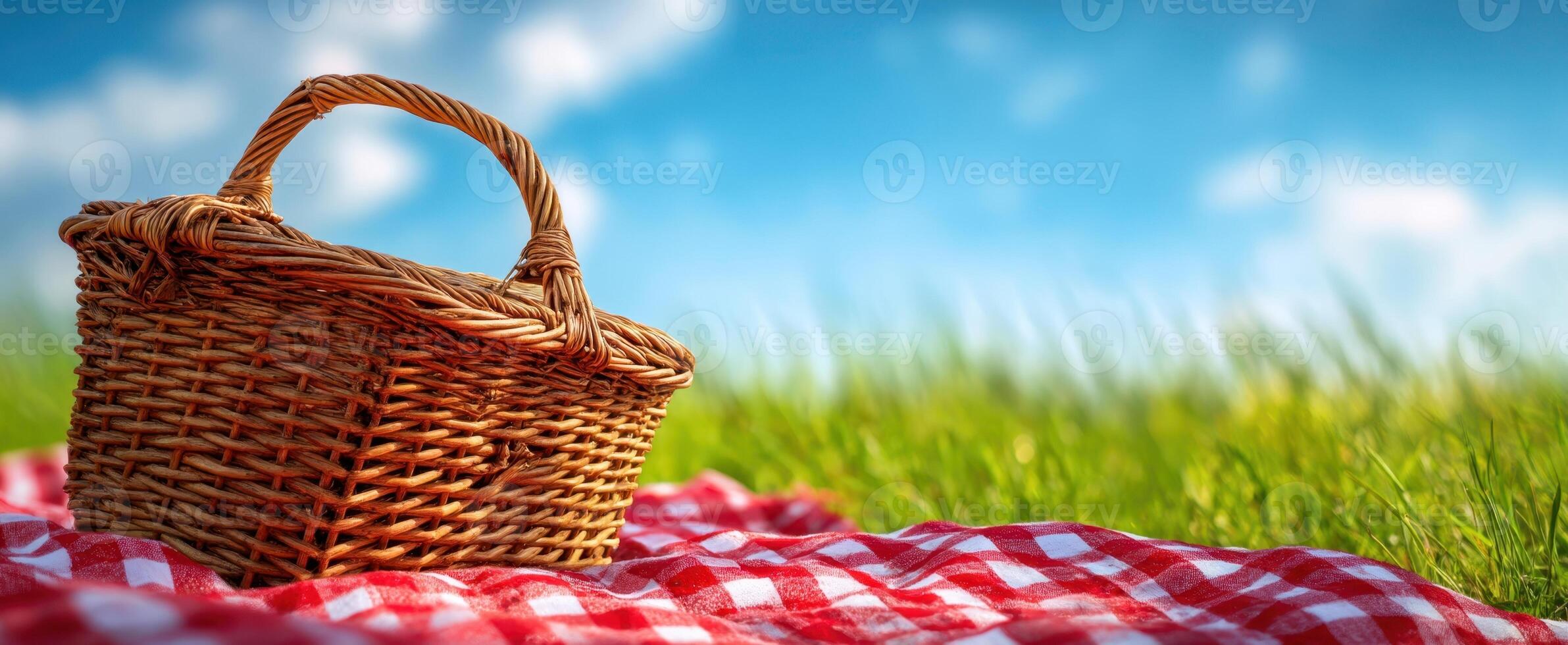 The wicker picnic basket resting on a red checkered blanket in a sunny meadow photo