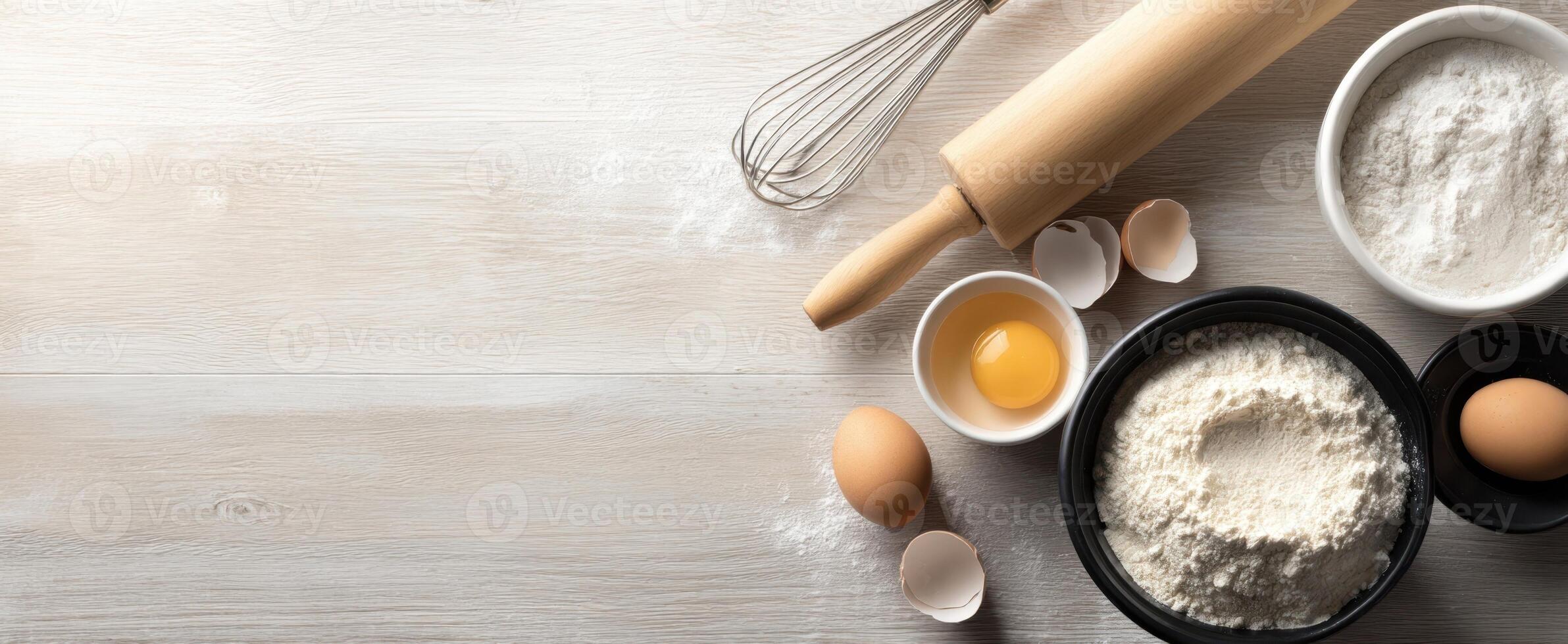 The essential ingredients for a perfect baking experience on a kitchen countertop. photo