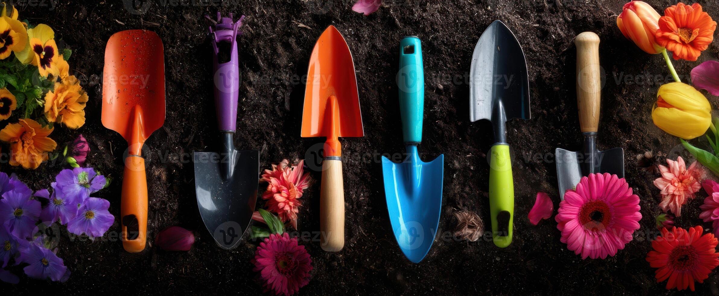 The vibrant collection of gardening tools surrounded by colorful flowers and rich soil. photo