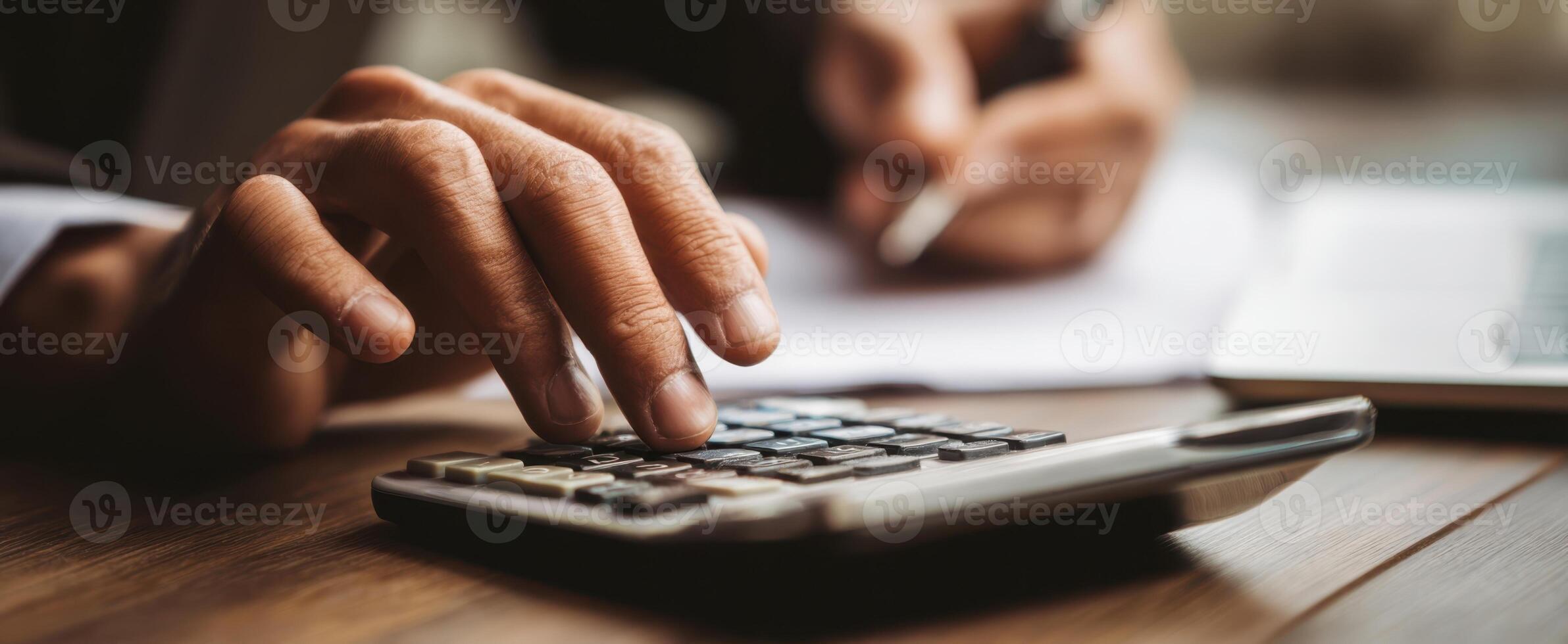 The calculator and hands engaged in business calculations and financial analysis. photo
