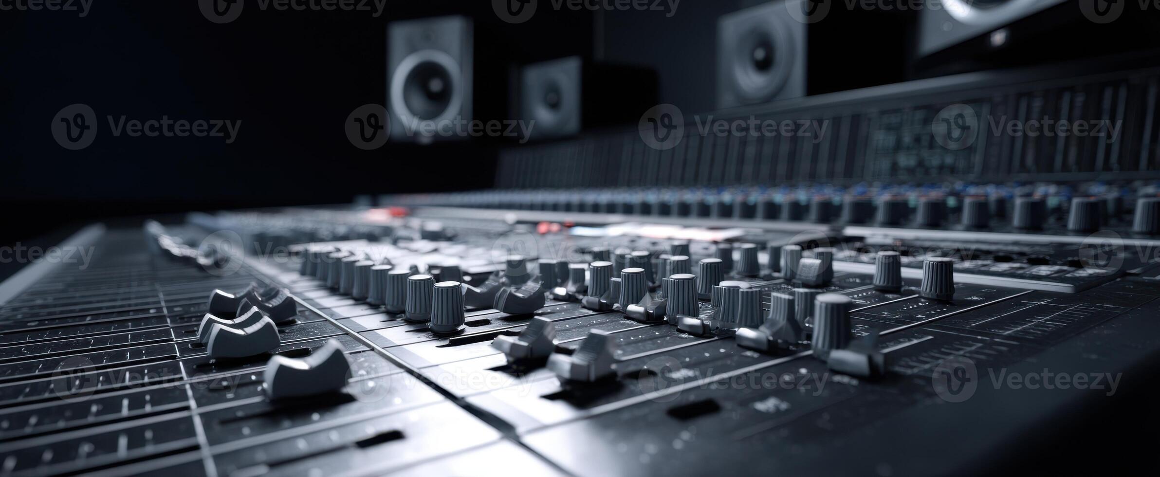 The professional audio mixing console in a modern recording studio setting. photo