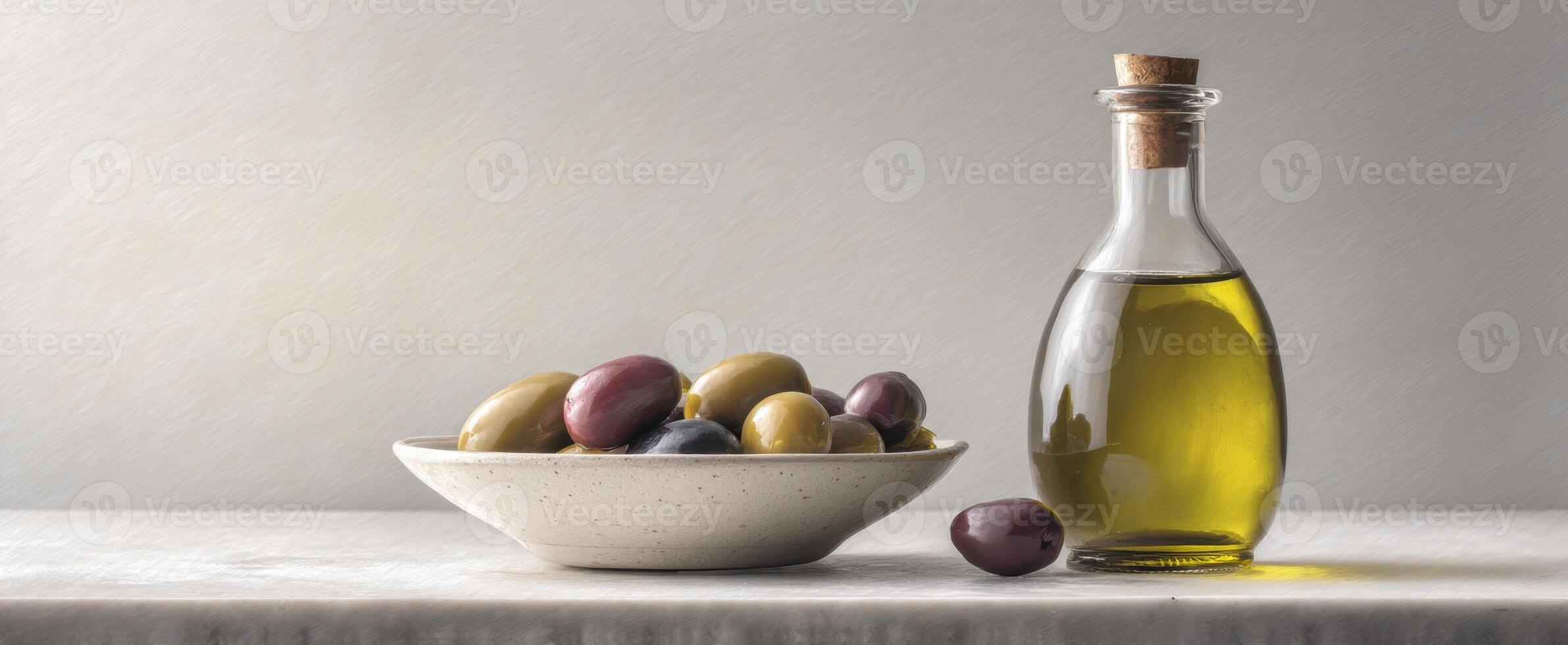 The elegant composition of olive oil and olives in a rustic setting. photo