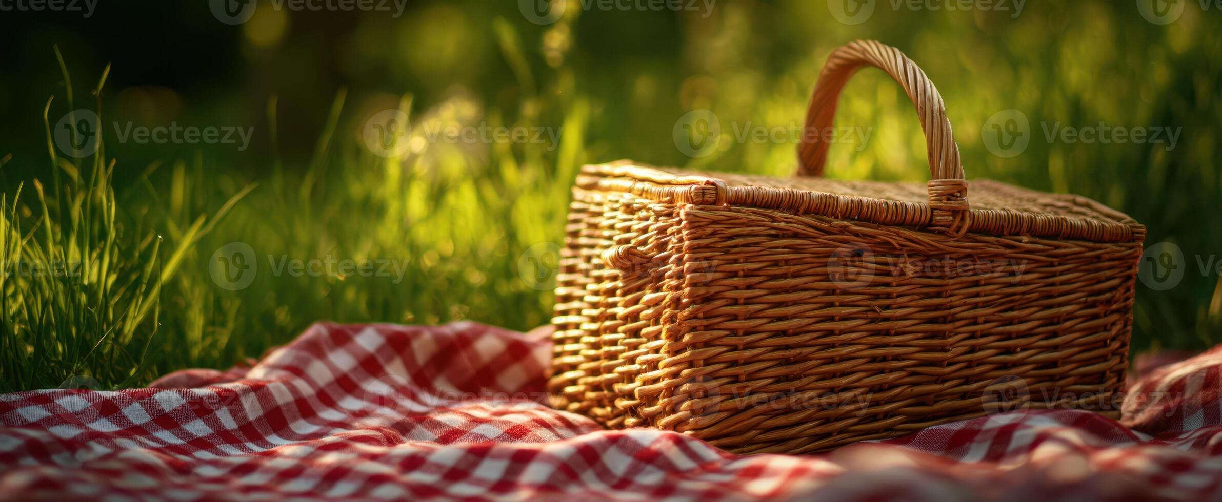 The wicker basket resting on a checkered blanket in a sunlit meadow photo